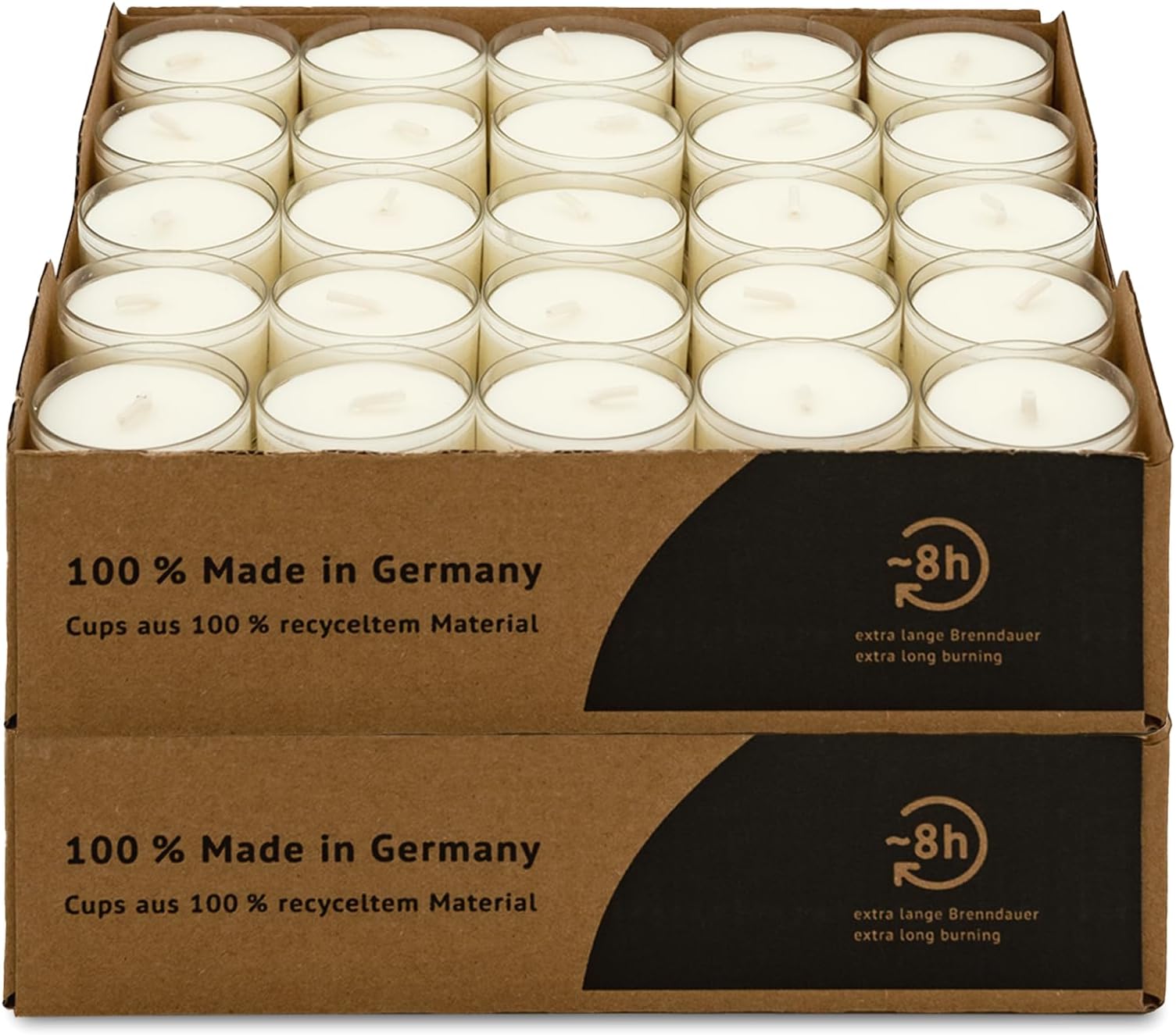 Box Mit 50 Weißen, Geruchlosen Teelicht-Kerzen – Brenndauer Ca. 4,5 Stunden, In Klaren Bechern, Für Hochzeit & Party