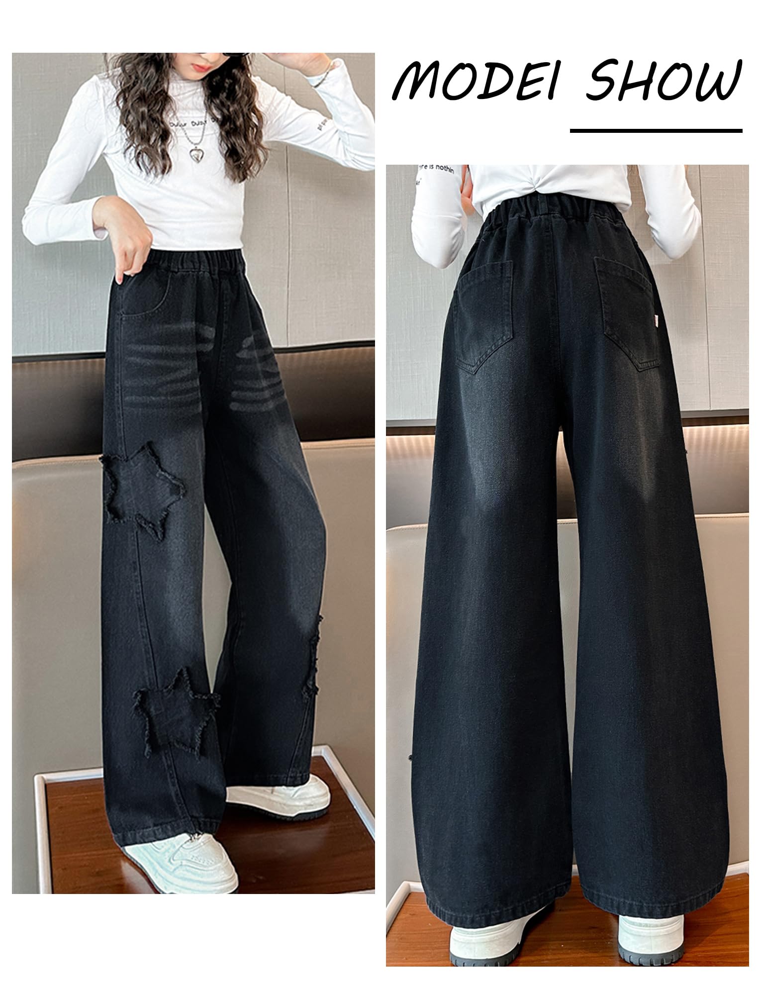 SEAUR Pantalones vaqueros para niña, pierna ancha, holgados, con cintura elástica Y2K, pantalones vaqueros con estampado de estrellas, para niños, 120-170 = (EU 110-164)