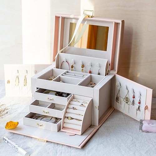 Miniatura 3 de Vlando Joyero de piel sintética organizador mediano de joyería regalo vintage para mujer patrón de cruz rosa