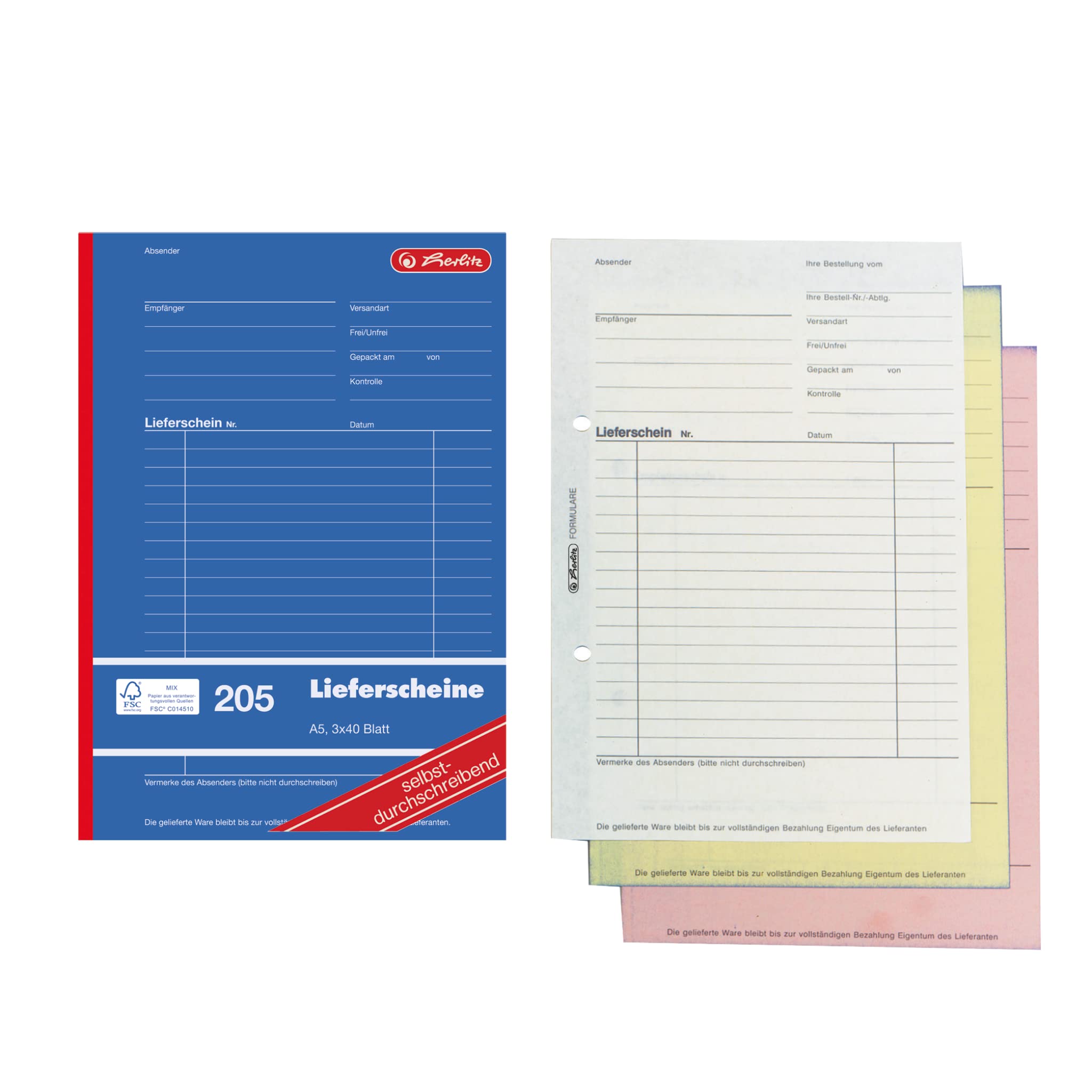 Herlitz 883546 Lieferscheinbuch A5, 3 x 40 Blatt, 205, selbstdurchschreibend 8er Pack