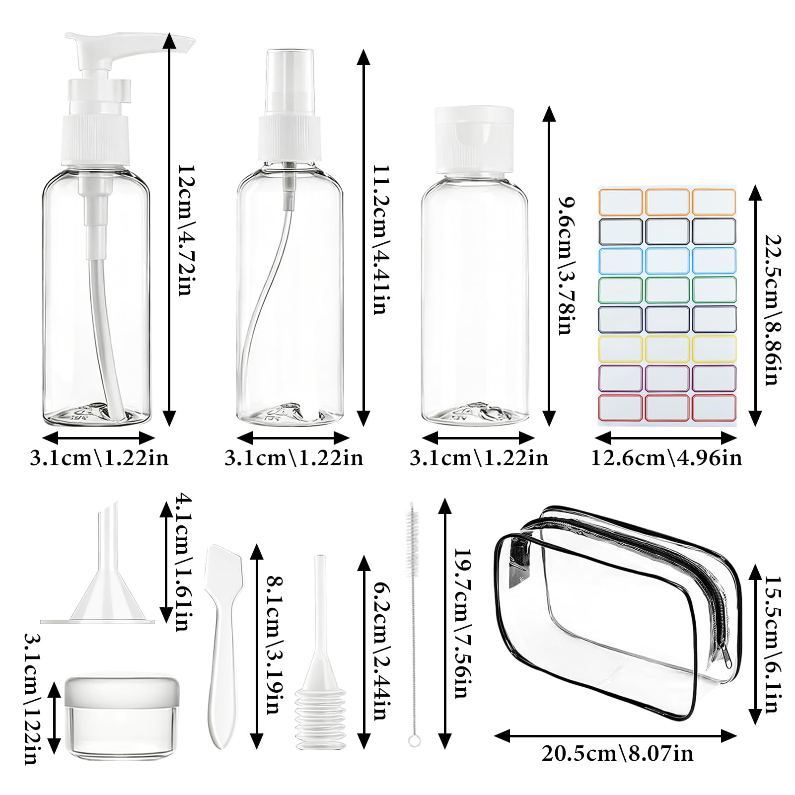 Set di 14 bottiglie da viaggio da riempire, 50 ml, vuote da viaggio, con sacchetto per bagagli a mano, piccolo imbuto, pennello, contenitore da 20 g, con 1 pennello adesivo contagocce