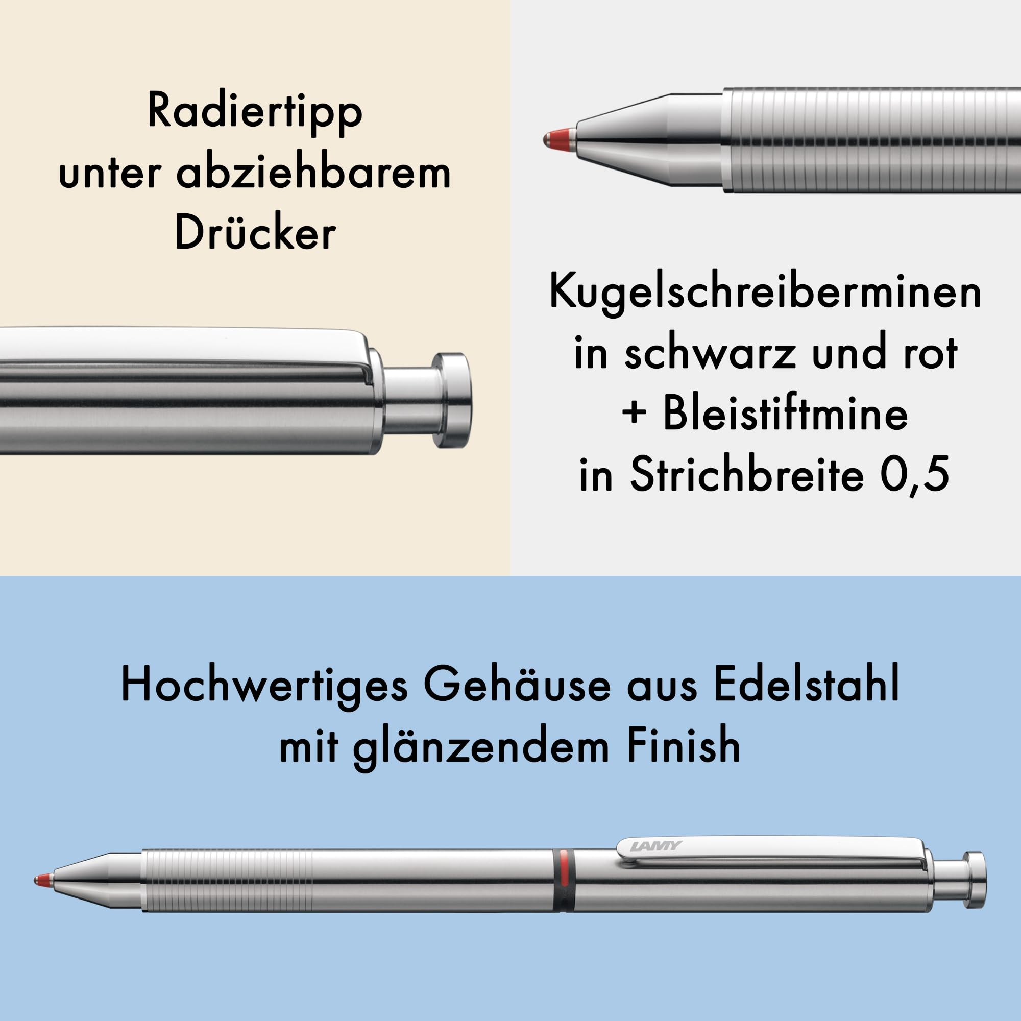 Lamy st matt tri pen Multifunktionsstift aus Edelstahl – schlanker Druckbleistift & Kugelschreiber in Einem – inkl. Kugelschreibermine M 21 in schwarz und rot & Feinstrichmine M 41 (0,5mm)
