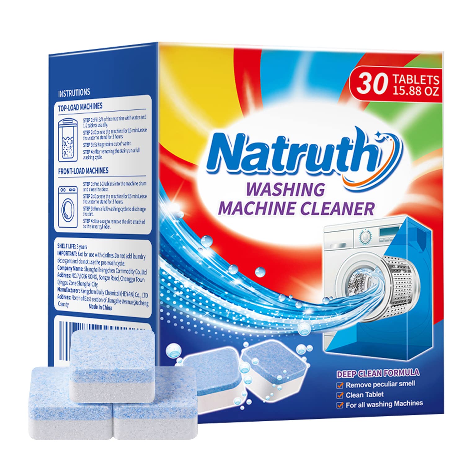 NATRUTHWashing Machine Cleaner Descaler 30 Pack,Triple Decontamination Remover with Natural Formula,Deep Cleaning Tablets For HE Front Loader & Top Load Washer