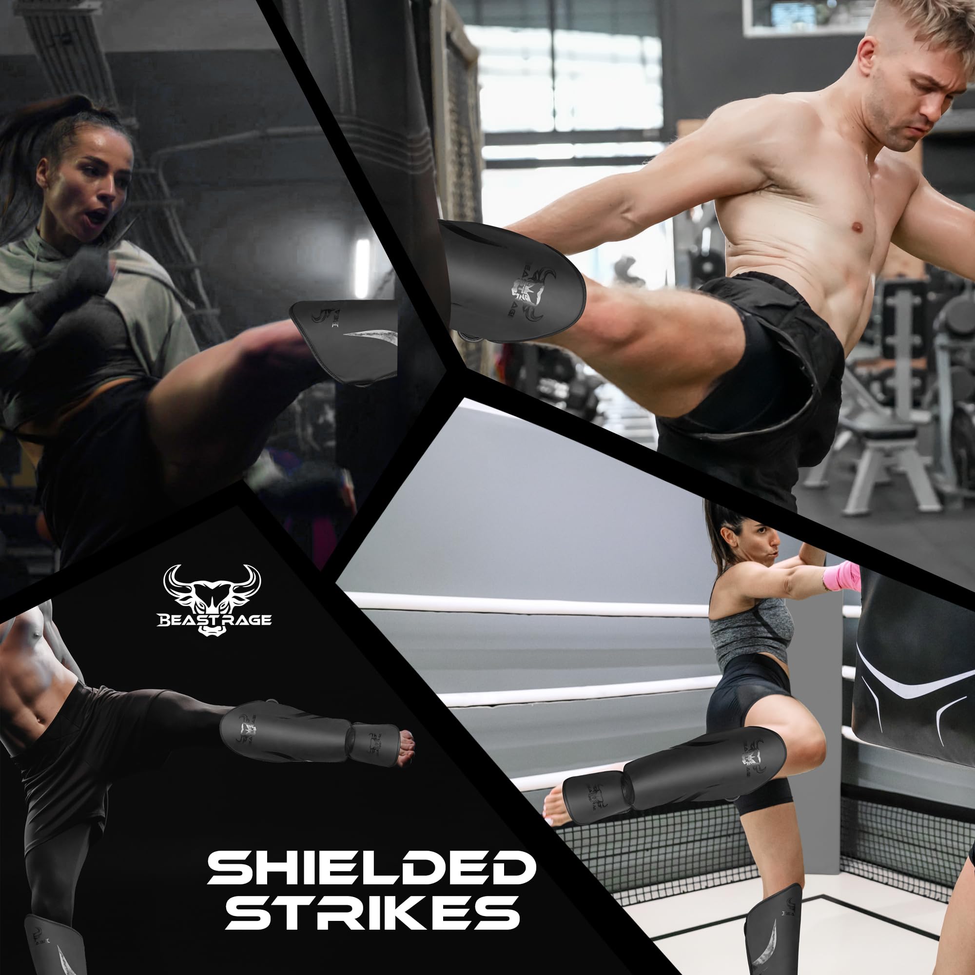 Beast Rage Parastinchi Muay Thai per MMA, Kickboxing, Arti Marziali – Protezioni Resistenti per Gambe e Piedi, Paracolpi con Cinturini Regolabili, Vestibilità Sicura, Comfort e Durabilità