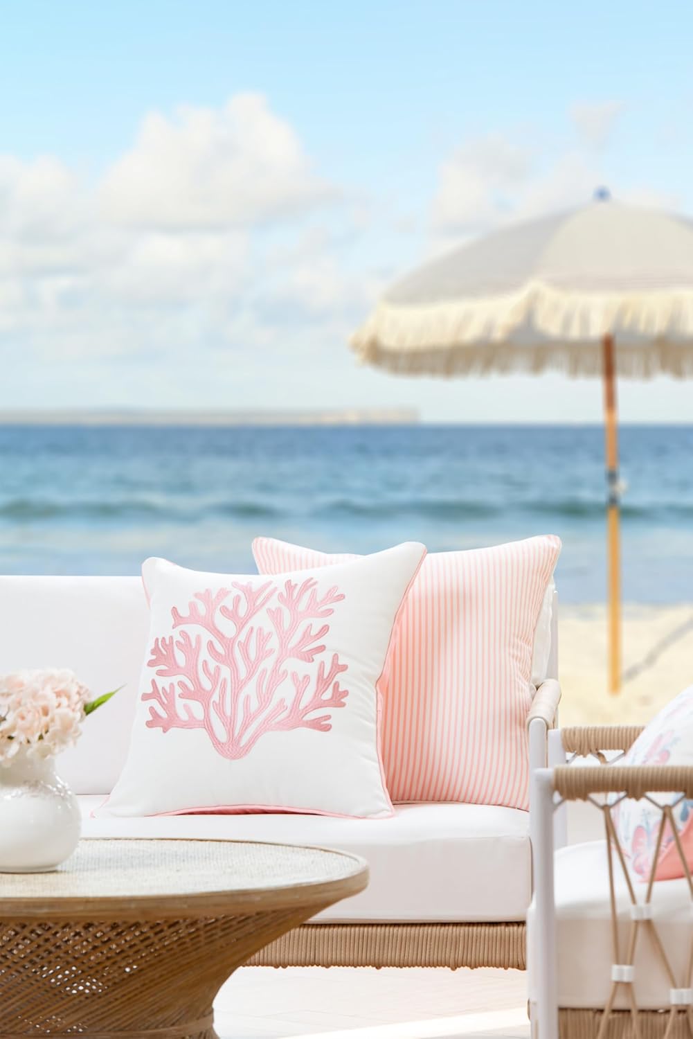 Hofdeco Premium Coastal Patio Indoor Outdoor Throw Pillow Cover Only, 20"x20" Water Repellent for Backyard, Couch, Blush Pink Embroidered Sea Life Coral with Piping
