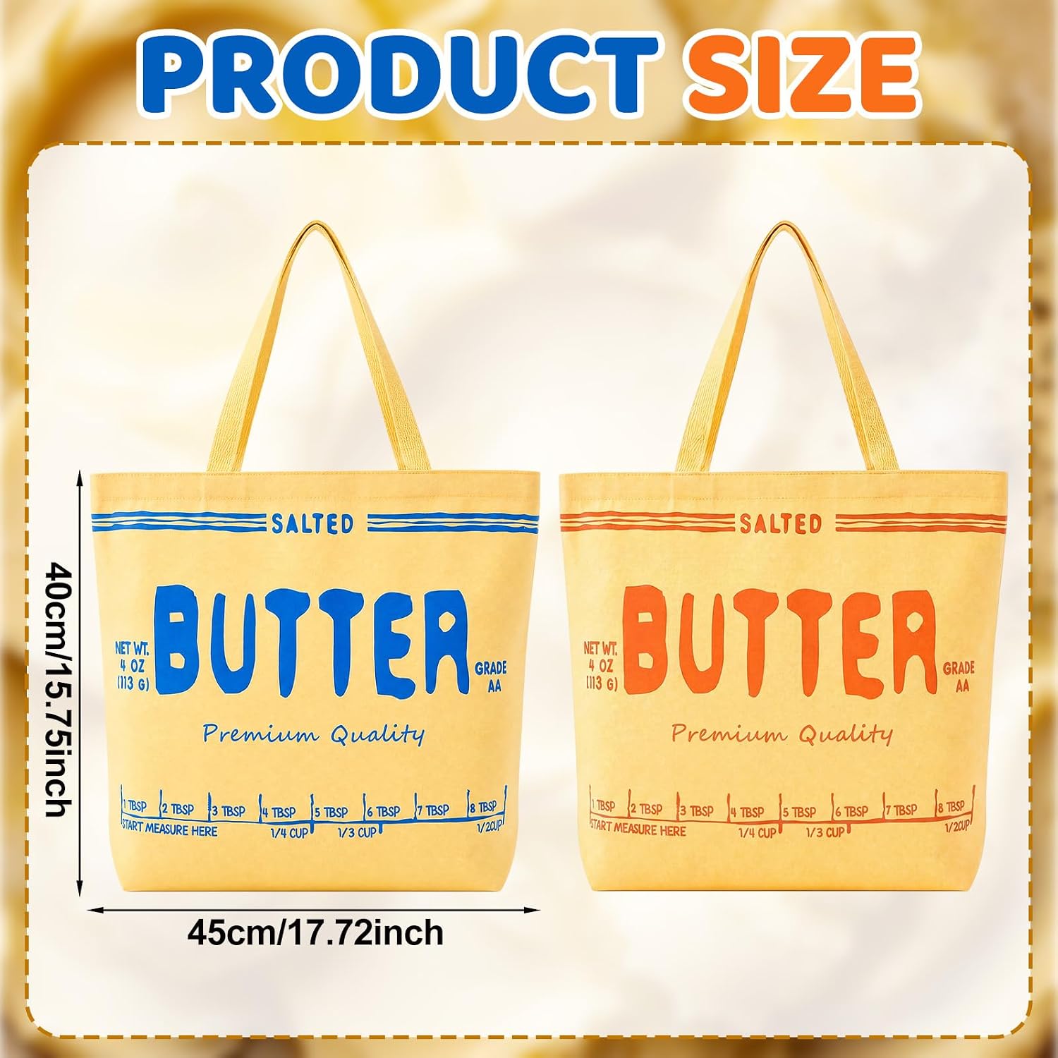 Paterr 2pcs Butter Canvas Tote Bag Yellow Funny Salted Bag with Long Handle | Reusable Shopping Bags, Daily Essential Large Capacity Women's Tote Handbag, Baker Baking Butter Lovers Gift