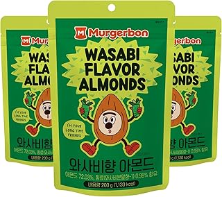 [Official MURGERBON] Wasabi Almond, Fresh Almond, Roasted Almonds with Wasabi Flavor, Spicy flavor Snack, Resealable Zip Pouch, Kids, School, Office,Work, Camping Snack(7oz), Pack of 3