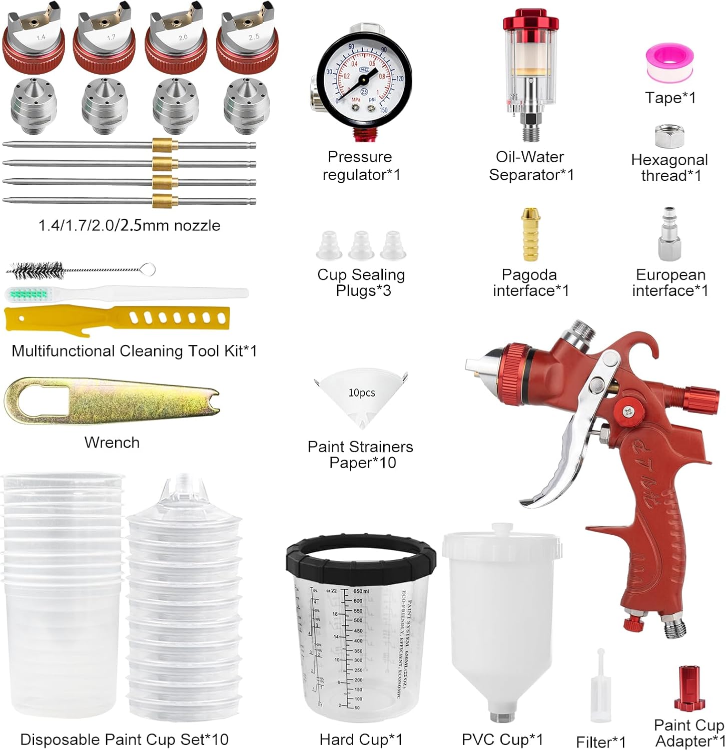 HVLP Spray Gun, Automotive Paint Guns w/ 4 Nozzles, 10x 22oz Cups