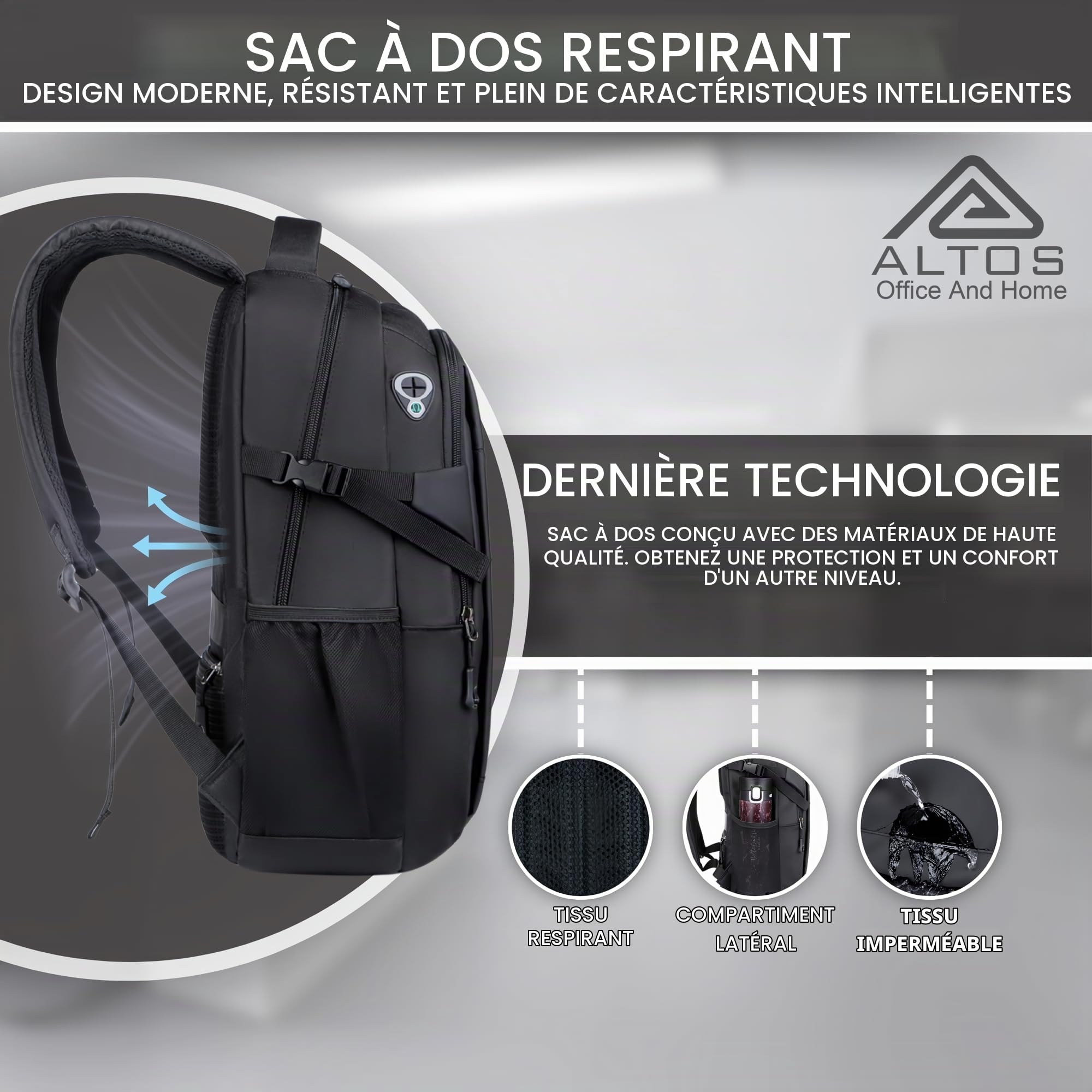 ALTOS OFFICE AND HOME Sac à dos pour ordinateur portable, voyage d'affaires et d'étude, port USB, ordinateur portable jusqu'à 15,6", noir, antivol, idéal pour la randonnée, imperméable, résistant aux