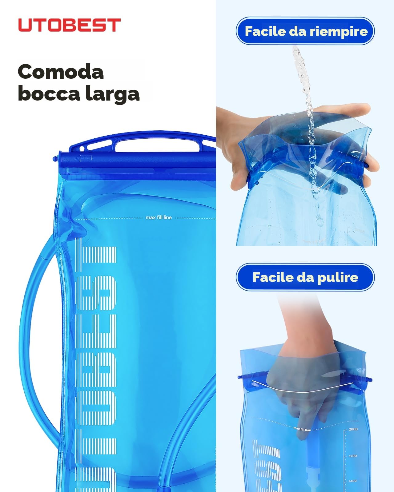 UTOBEST Sacca Idrica, 1L 1,5L 2L 3L, Sacca Idrica a Prova di Perdite, Serbatoio Acqua Senza BPA, per Corsa, Ciclismo, Campeggio