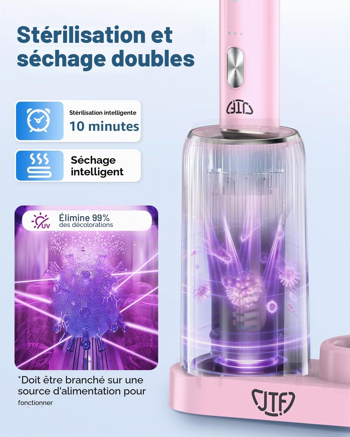 JTF Brosse à Dents Électrique Sonique avec Nettoyage et Séchage UV, 5 Modes de Nettoyage, 6 Têtes de Brosse de Rechange, Gobelet, Station de Charge Sans Fil pour La Maison et Les (Rose)