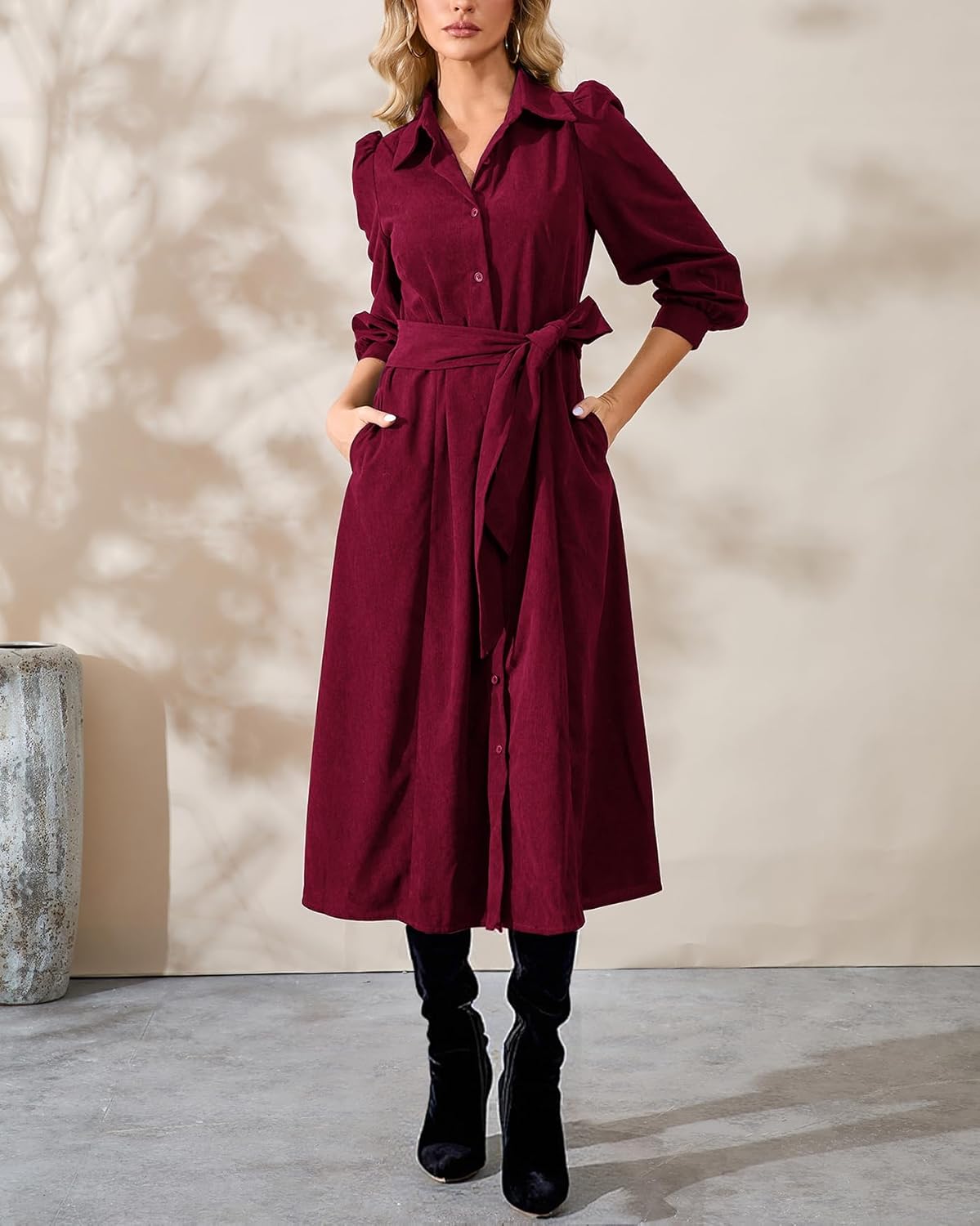 Women's Corduroy Midi Dress Long Sleeve Button Down Belted Flowy Shirt Dress with Pockets - Image 6