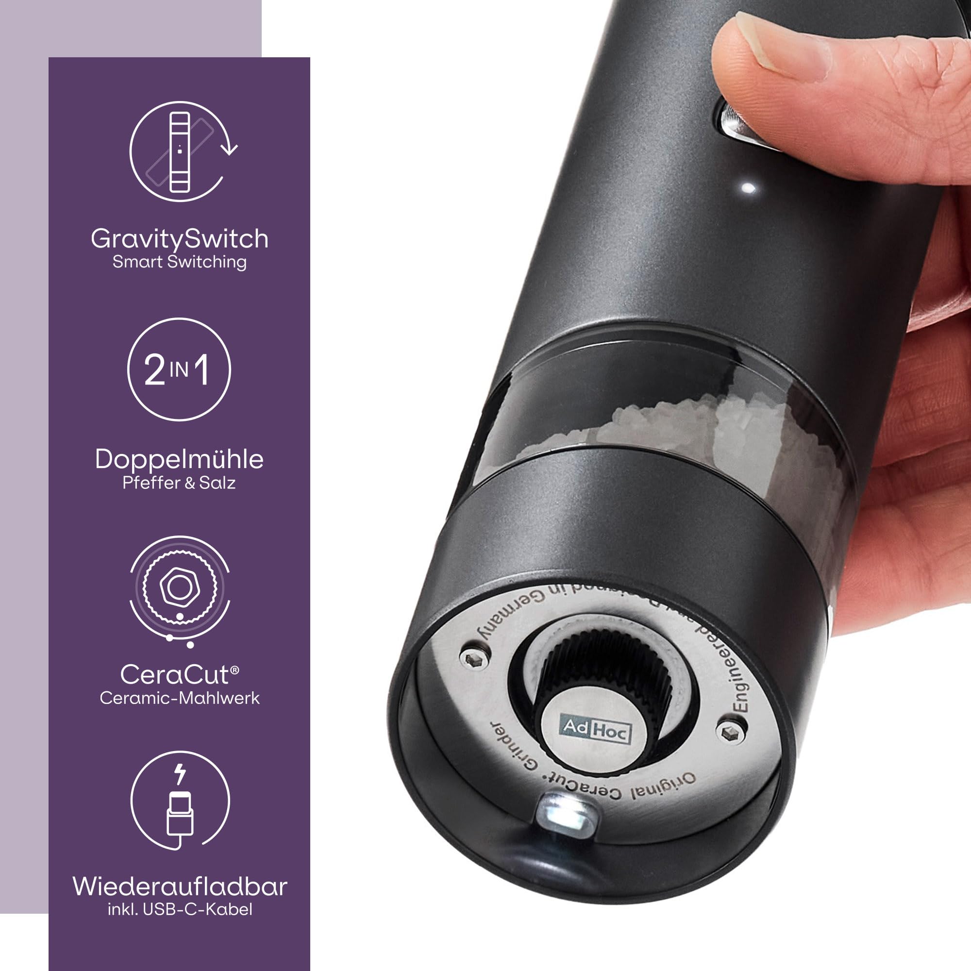 AdHoc i.Mill Duo Elektrische Salz- & Pfeffermühle, Doppelmühle | Mit GravitySwitch, USB-C, Keramikmahlwerk stufenlos einstellbar fein bis grob, leise und einhändig bedienbar