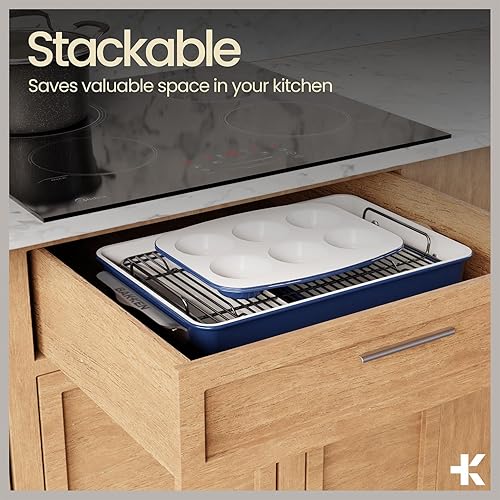 Vista 9 de Bakken - Juego de 8 utensilios apilables para hornear, revestimiento antiadherente de cerámica, bandejas para hornear, varios moldes para hornear