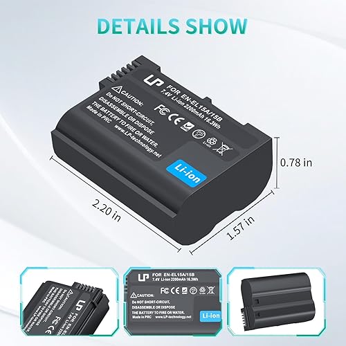 Vista 4 de Paquete de baterías EN-EL15, LP EN-EL15 EN EL15a, batería de repuesto recargable de iones de litio compatible con Nikon D7500, D7200, D7100, D7000