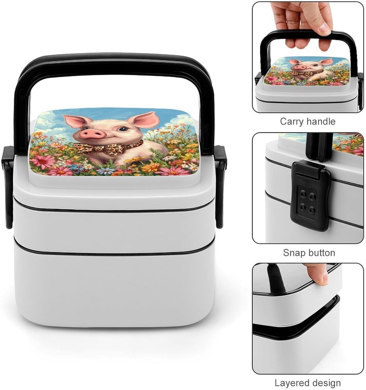 Cute Pigs Bento Box with Spoon 2 Layer Food Container Cute Lunch Box for Travel Dining Work
