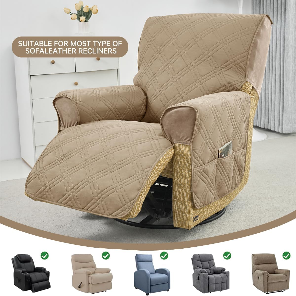 100% Waterproof Recliner Chair Covers,1-Piece Couch Covers for Reclining Chair/Sofa Covers Washable Furniture Protector with Elastic Straps Pocket for Kids, Pets (Khaki)