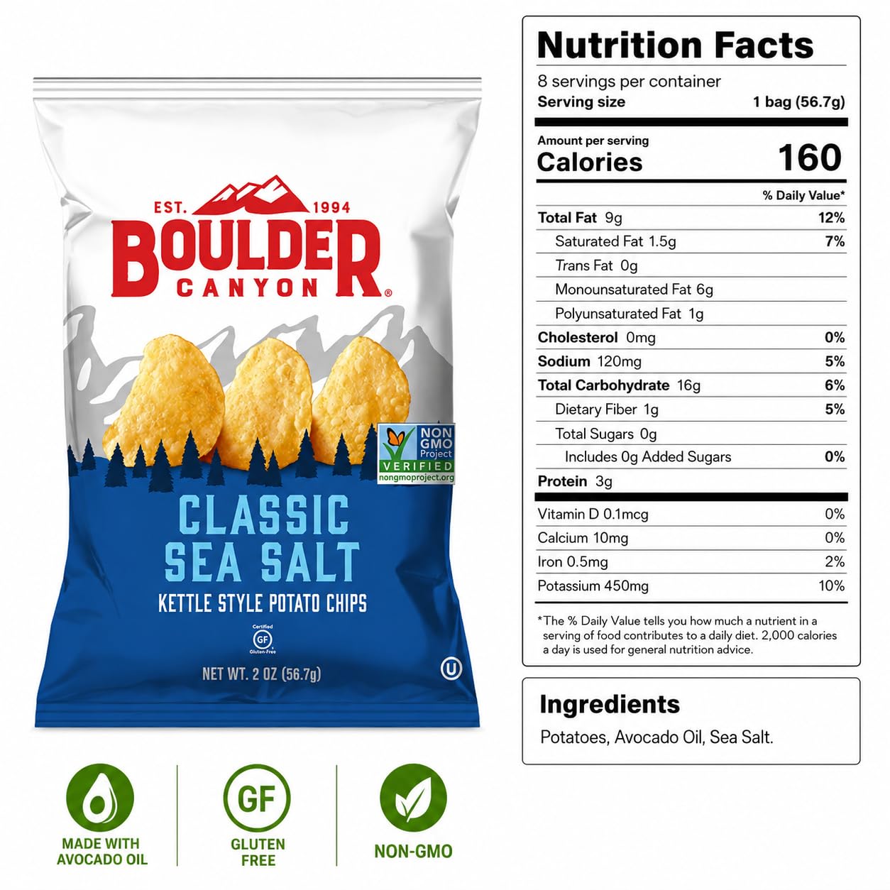 Boulder Canyon Classic Sea Salt Potato Chips, 2 oz Bags (Pack of 8) | Kettle Style Potato Chips | Individual Snack Size Bags | Bundled by SUPERDEALS with Mystery Gift