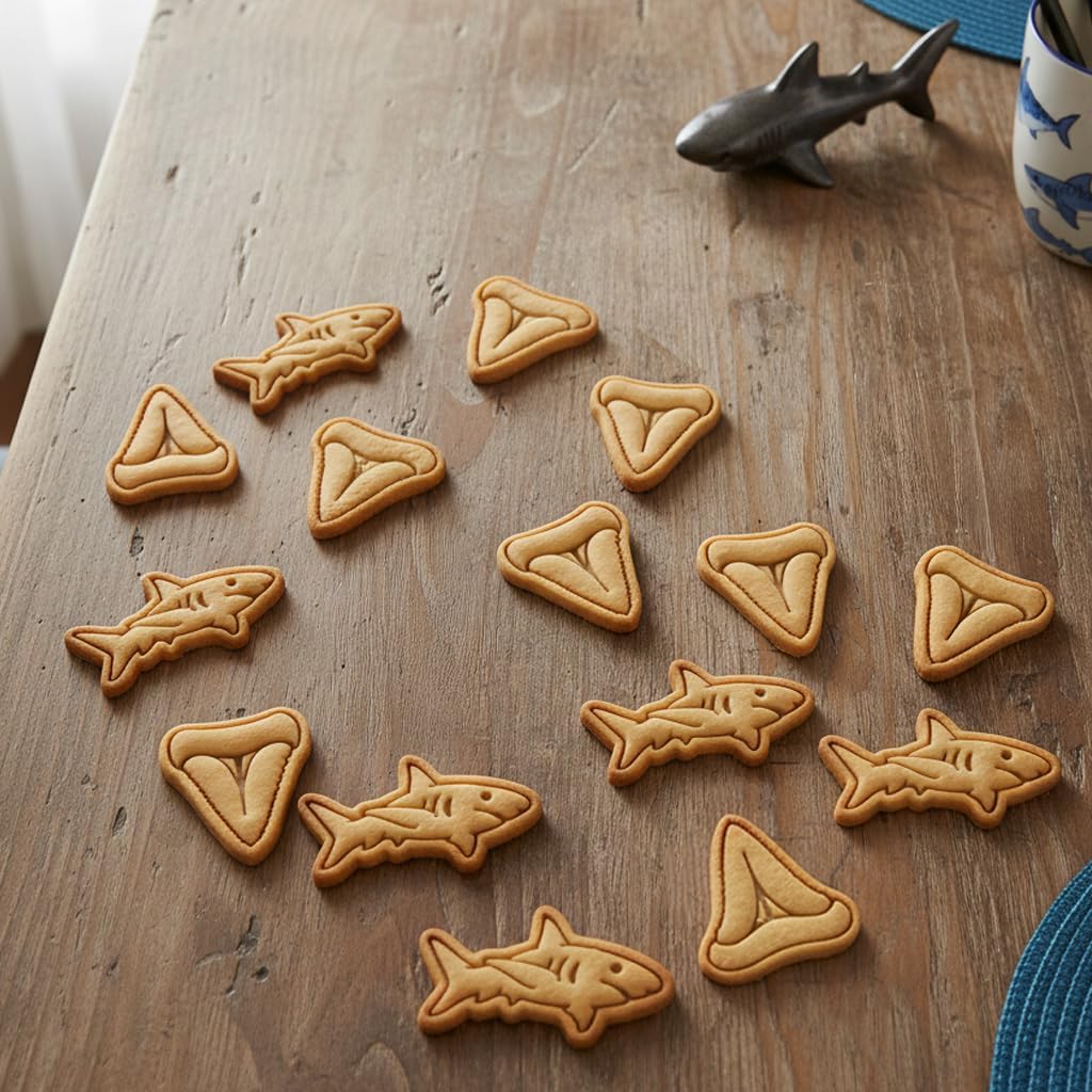 BAKERLOGY Set of 2 Great White Shark & Shark Tooth Mini Cookie Cutters & Stamps Set – Ocean Predator Fondant Embossers for Beach Party Baking, Nautical Biscuit Dough & Cupcake Decoration Tool