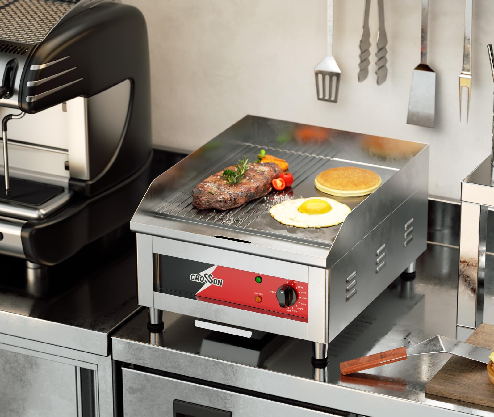 CROSSON Piastra Elettrica per Grigliare Professionale 1750W,40 x 40 CM Piastra Fry Top Elettrica Inox con Scanalatura,Temperatura Regolabile 88-300°C con Spatola per Ristoranti Luoghi Pubblici