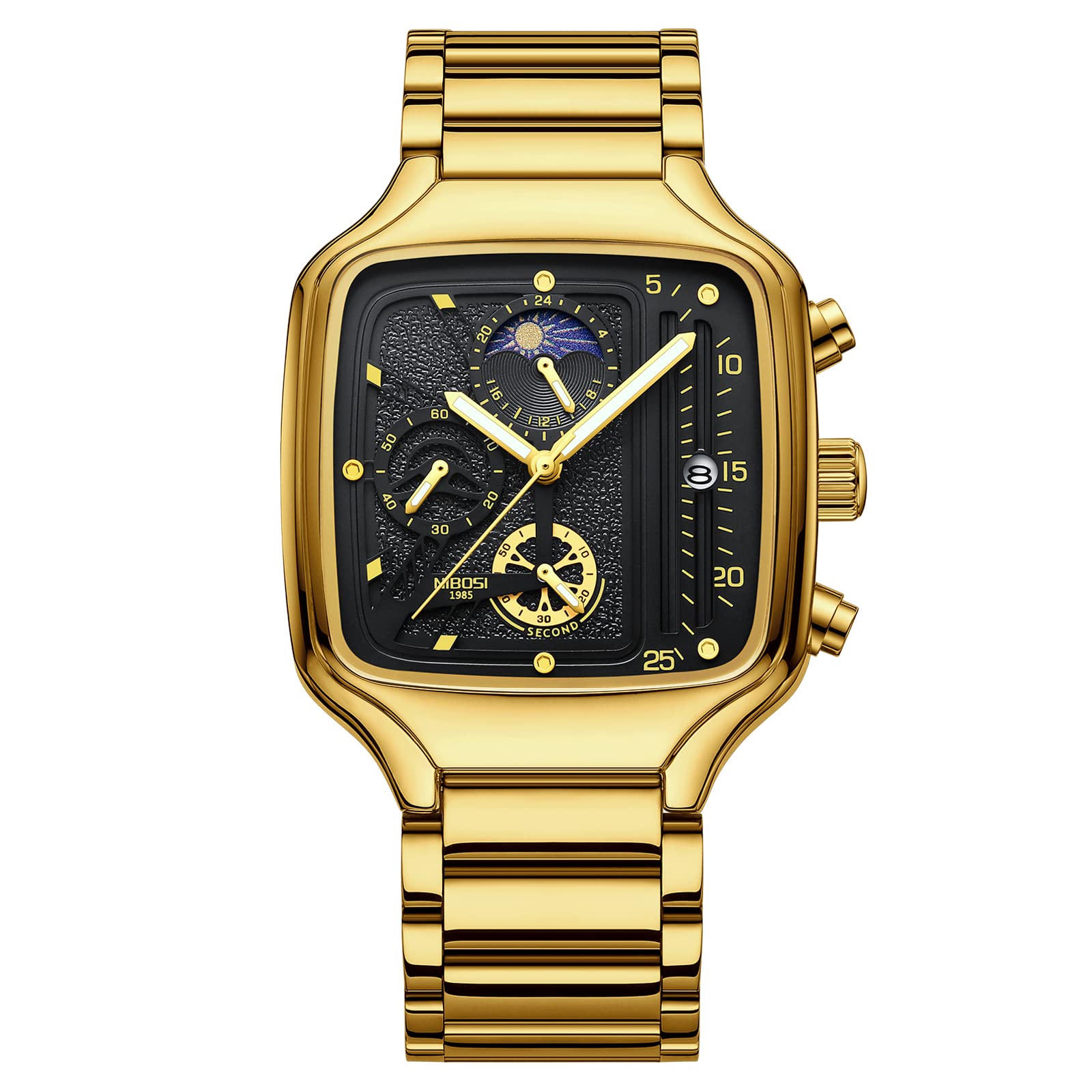 NIBOSI Men's Watch Quartz Chronograph Square Gold Watches for Men Water-Resistant Business Military Sport Stainless Steel Boy Wristwatch Date Gold Black