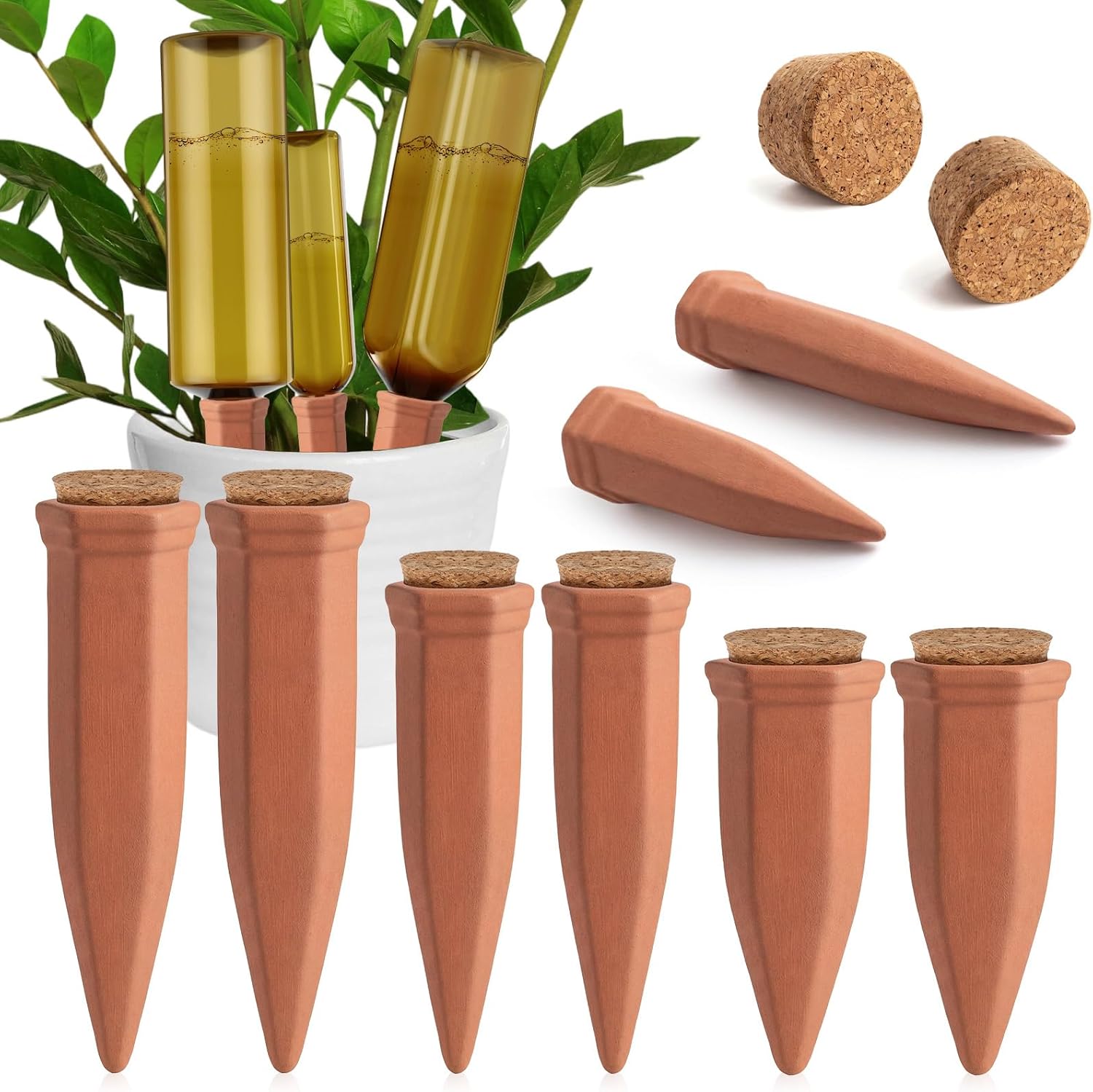 6 Pcs 4.9'' 5.9'' 6.7'' Terracotta Watering Spikes with Lid Automatic Plant Waterer Vacation Friendly Self Watering Planter Insert Plant Water Devices for Indoor Outdoor Plants, 3 Sizes