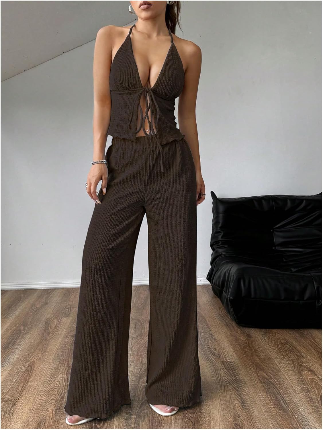 SOLY HUX Women's Sexy 2 Piece Outfits Sleeveless Halter Top and Wide Leg Pants Set - Image 5