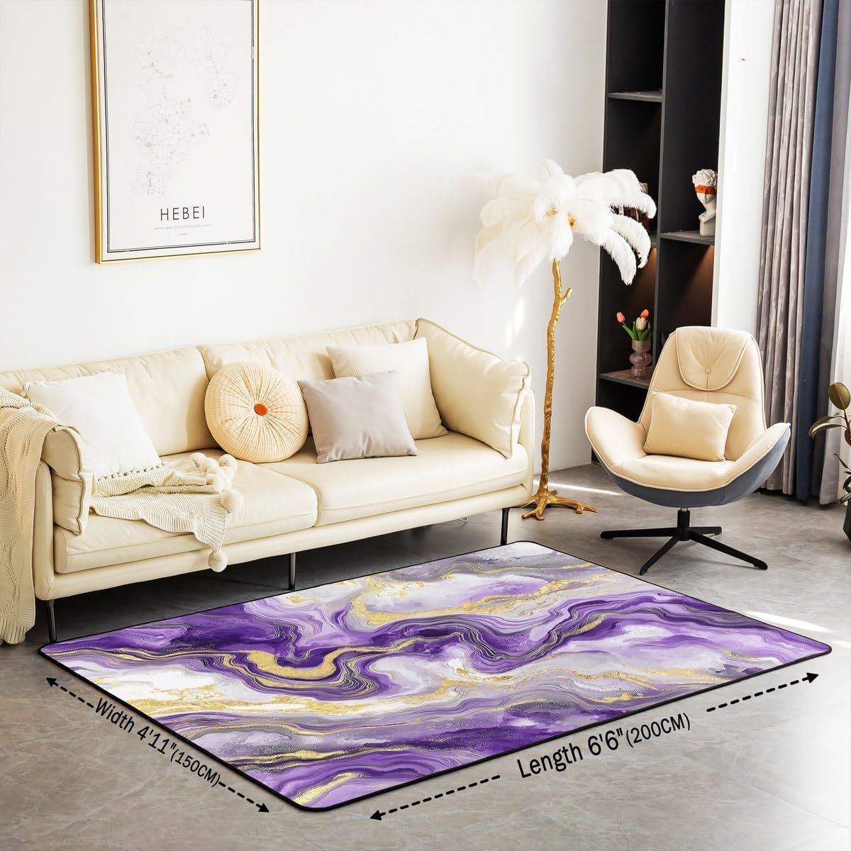 Marble Vein 5x7 Large Area Rug, Purple Gradient Tie Dye Living Room Rug, Minimalist Ink Fluid Art Rugs for Bedroom Abstract Marble Texture Design Indoor Floor Mat, Glitter Effect Is Printed
