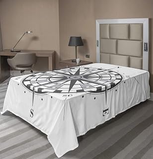 Ambesonne Compass Flat Sheet, Simplistic Graphic with Navigation Tool Arrows Shows Directions, Soft Comfortable Top Sheet Decorative Bedding 1 Piece, TwinXL Size, Charcoal Grey Pale Taupe