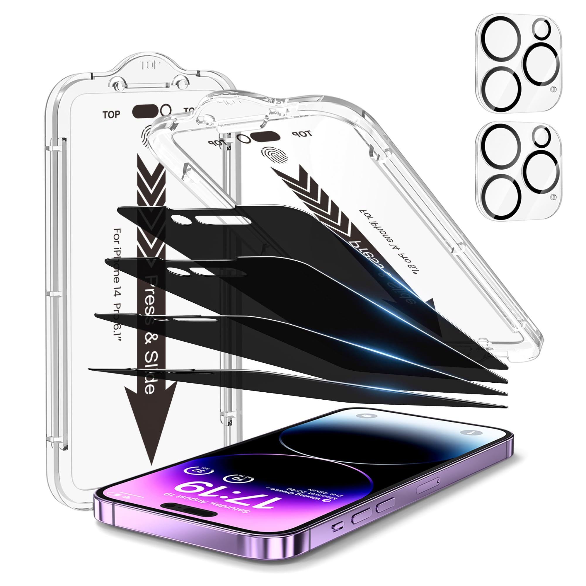 4+2 Pack [Auto Alignment Kit] Privacy Screen Protector Designed for iPhone 14 Pro 6.1 Inch with Camera Lens Protector [Drop Protection] HD Clear 9H Tempered Glass Screen Protector, Easy