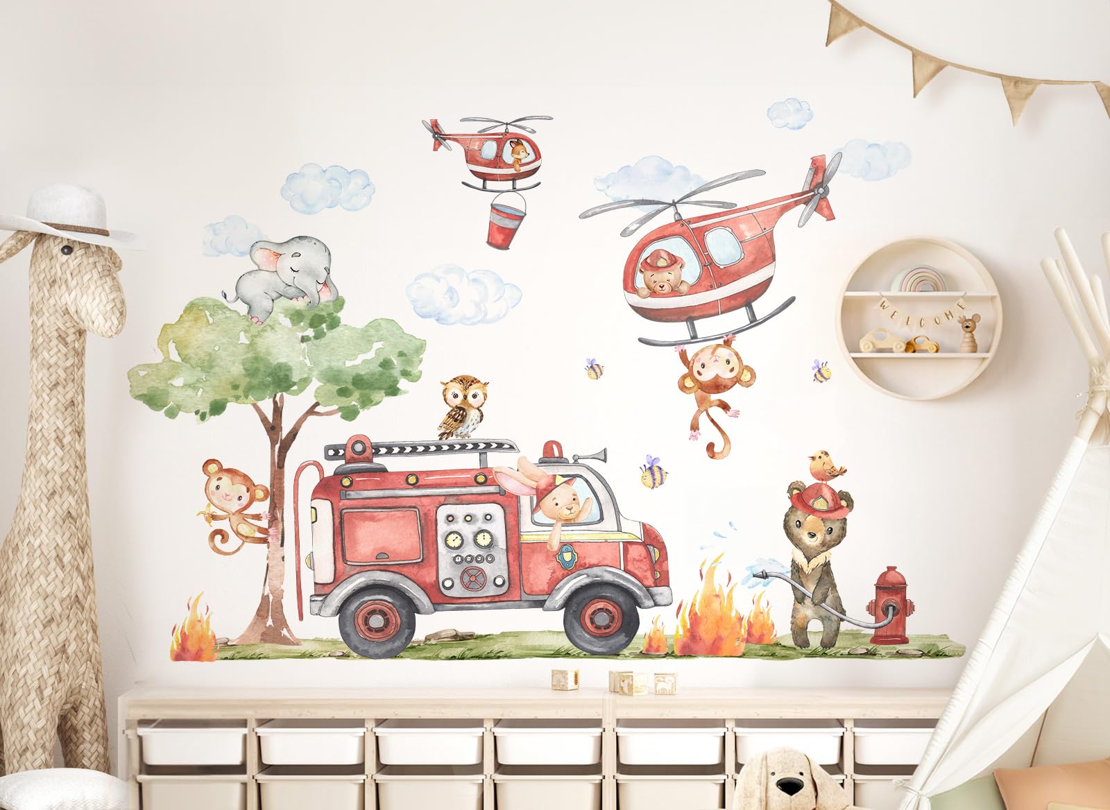 Graz Design DK1039-5 - Adesivo da parete per cameretta dei bambini, motivo: vigili del fuoco
