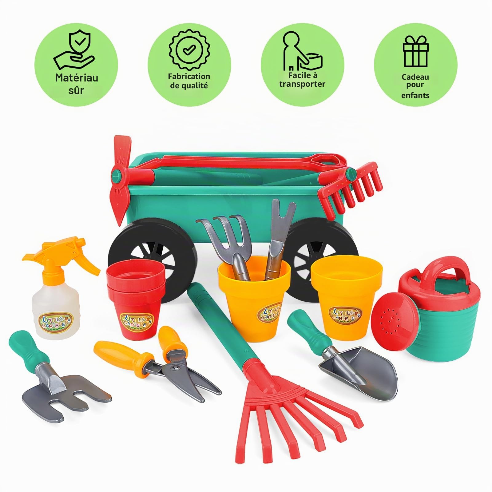 deAO Ensemble de Jardinage avec Brouette Enfants, Pelle, Râteau, Pots de Plantes, Arrosoir, 14PCS Kit de Jeu avec Outils de Jardinage pour Enfants, Set d'outils de jardinage en plein air 3 ans +(vert)