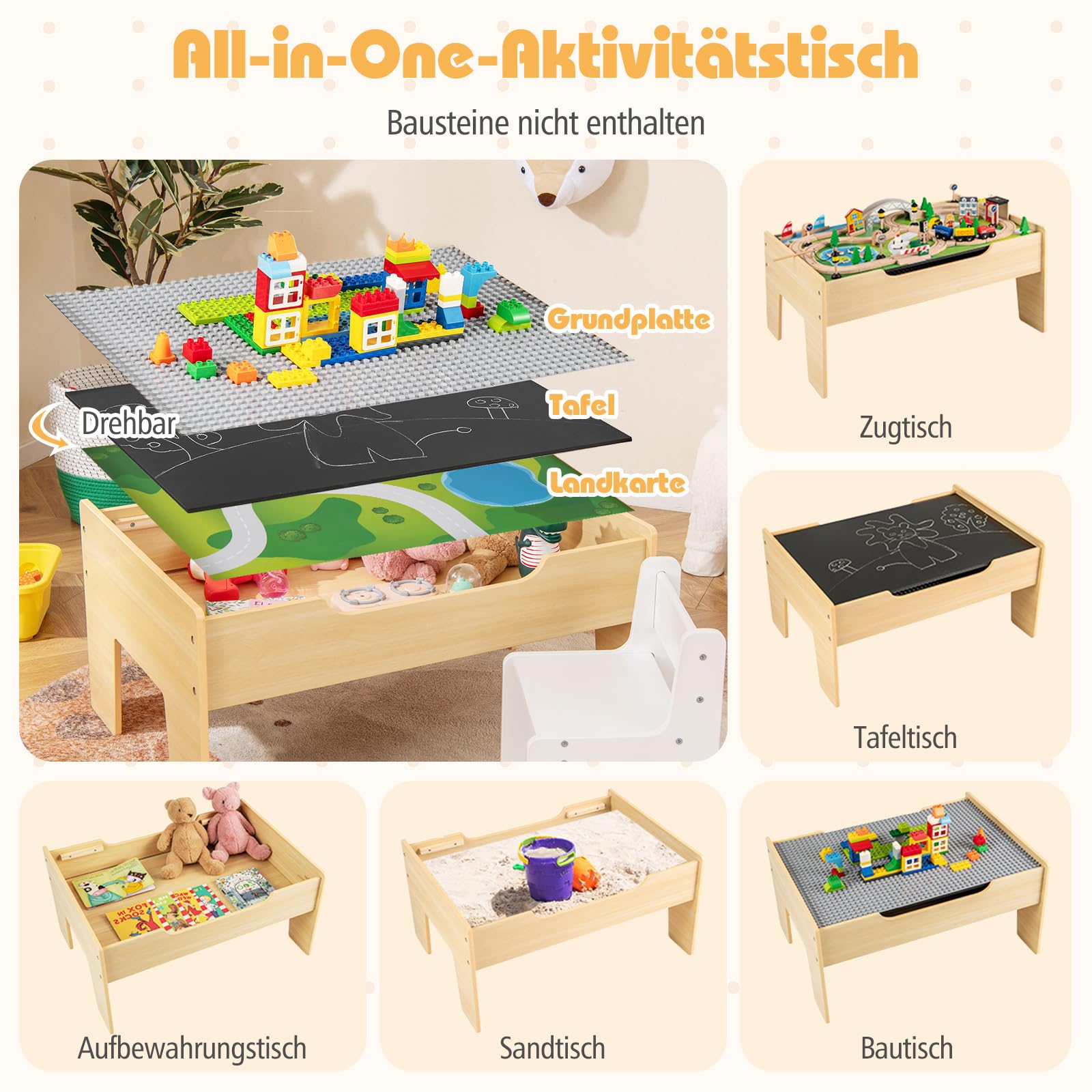 COSTWAY 78-teiliges Kinder Eisenbahn Set, 5-in-1 Holzeisenbahntisch mit umkehrbarer Tischplatte & Tafel, Spieltisch für Kinder ab 3 Jahre