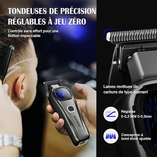 SUPRENT Men's Professional Hair Trimmer - Titanium-Coated Fade Blade, Adjustable Zero-Gap T-Blade, 5 Length Levels, Magnetic Guide Combs, 2500 mAh Battery & Type-C Charging Station - 4