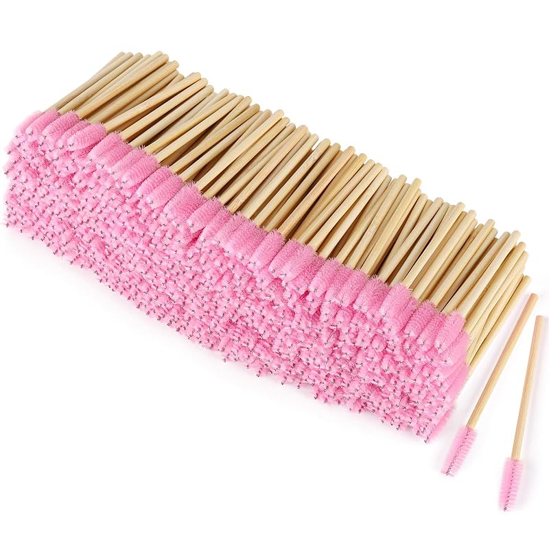 Tbestmax Escovinhas descartáveis para cílios e sobrancelhas com haste de bambu rosa, pacote com 500 unidades