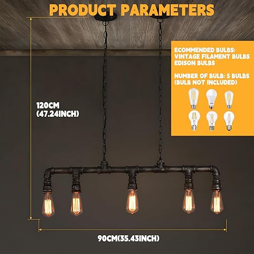 Miniatura 3 de LightInTheBox Candelabros industriales rústicos de tubo de tubo, lámpara colgante Steampunk de 5 luces Edison lámpara de techo para comedor, sala de