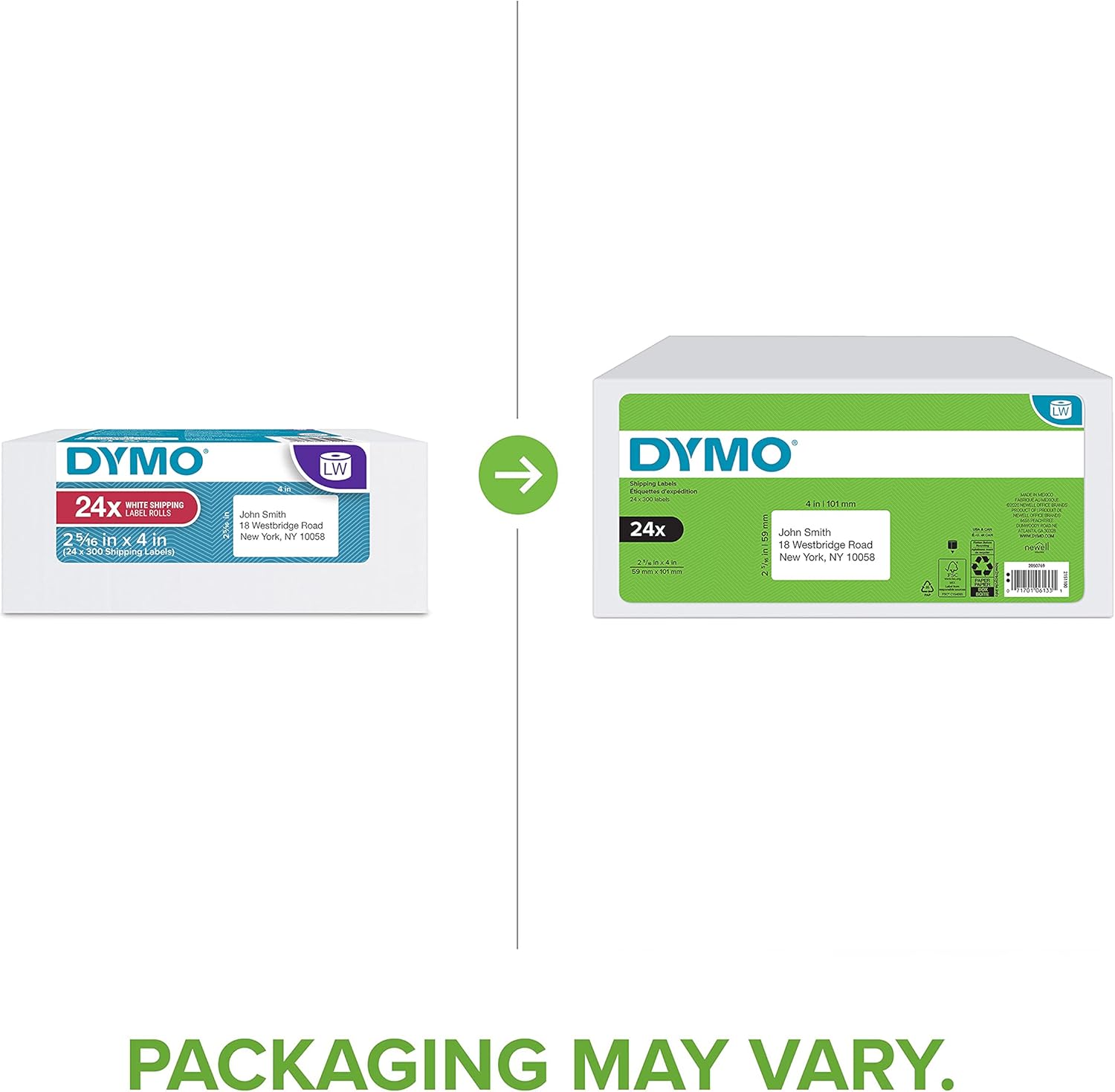DYMO Authentic LW Standard Shipping Labels for LabelWriter Label Printers, White, 2-5/16" x 4", 24 Rolls of 300 (7,200 Total)