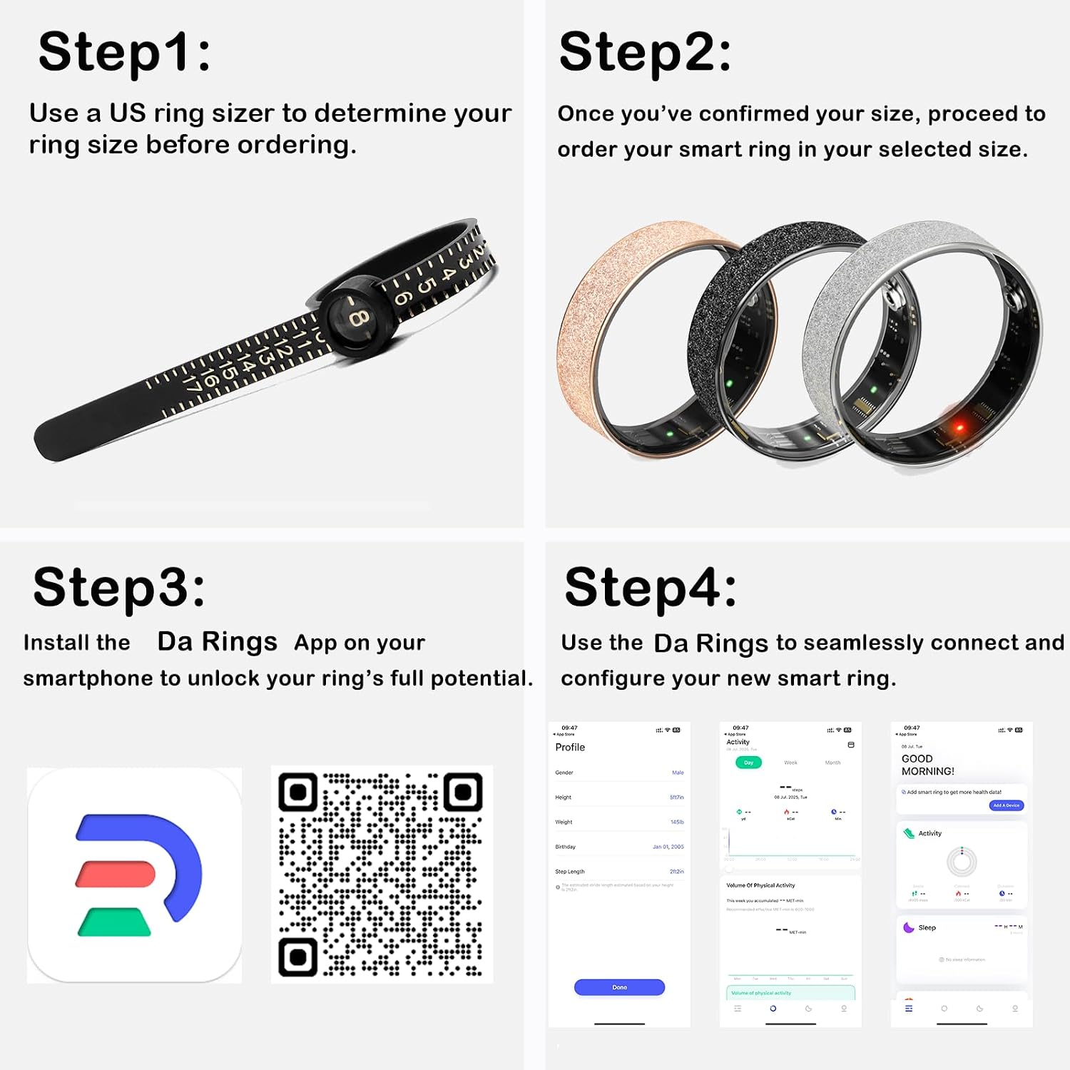 Yihou Smart Ring for Women with Diamonds Health Ring Fitness Ring Fitness Tracker with Pedometer Calorie Heart Rate Sleep Monitor Waterproof for Android iOS Black 8#