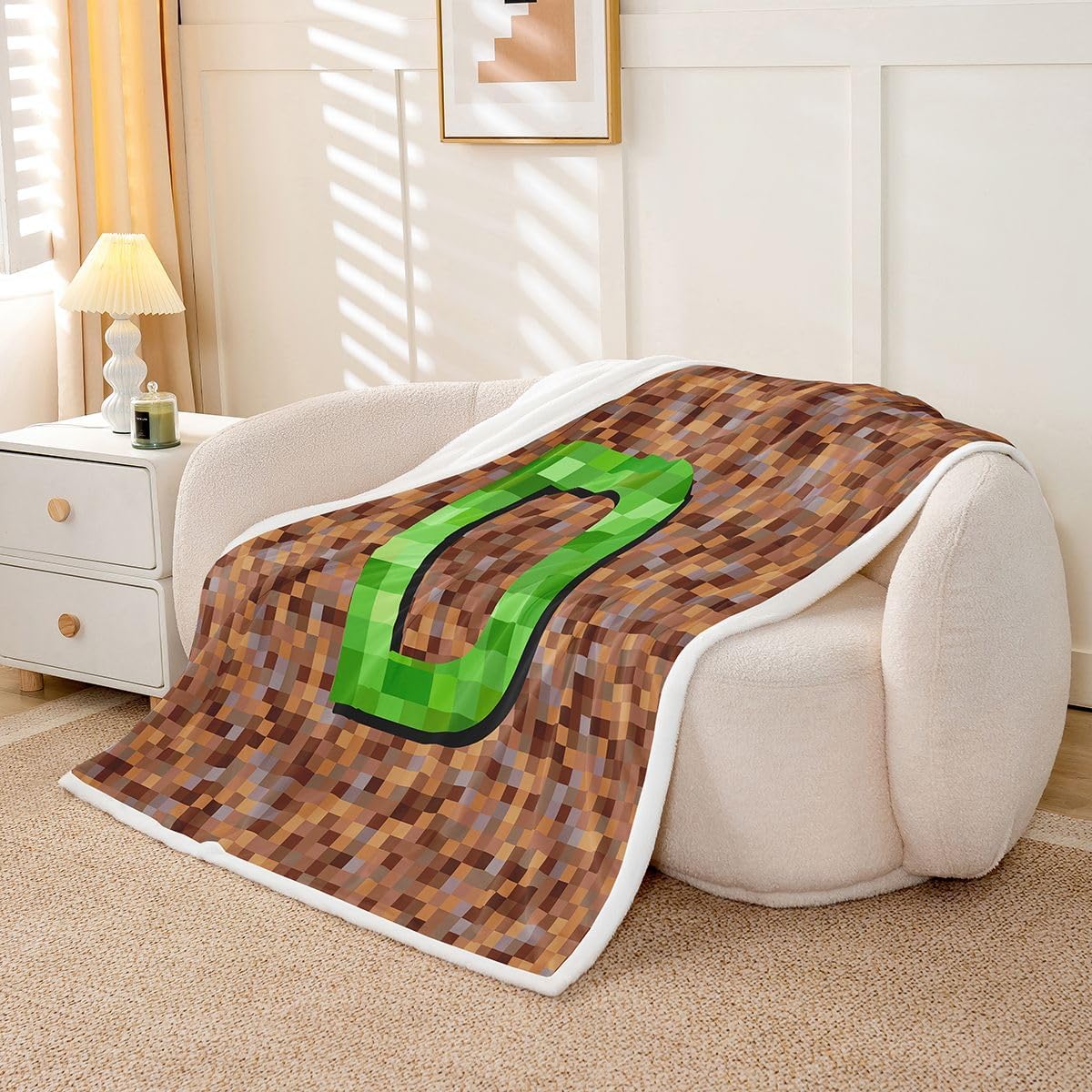 Brown Green Pixel Plaid Fuzzy Plush Throw Miners Gaming Grid Letter Z Fleece Blanket Miners Lattice Simple Sherpa Blanket For Kids Boys Girls,Geometric Patchwork Pixelated Decor For Bed Baby 30"x40"