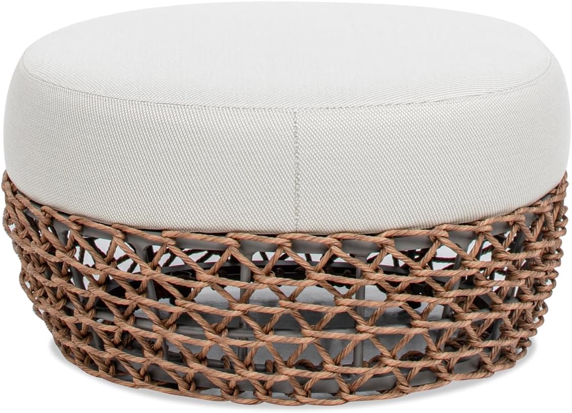 LIFE SKY 25 Inch Round Ottoman Footrest: Bohemian Woven Patio Seating with Metal Frame & Upholstered Surface - Multi-Functional Accent Piece for Balcony Garden Enthusiasts & Outdoor Leisure Spaces