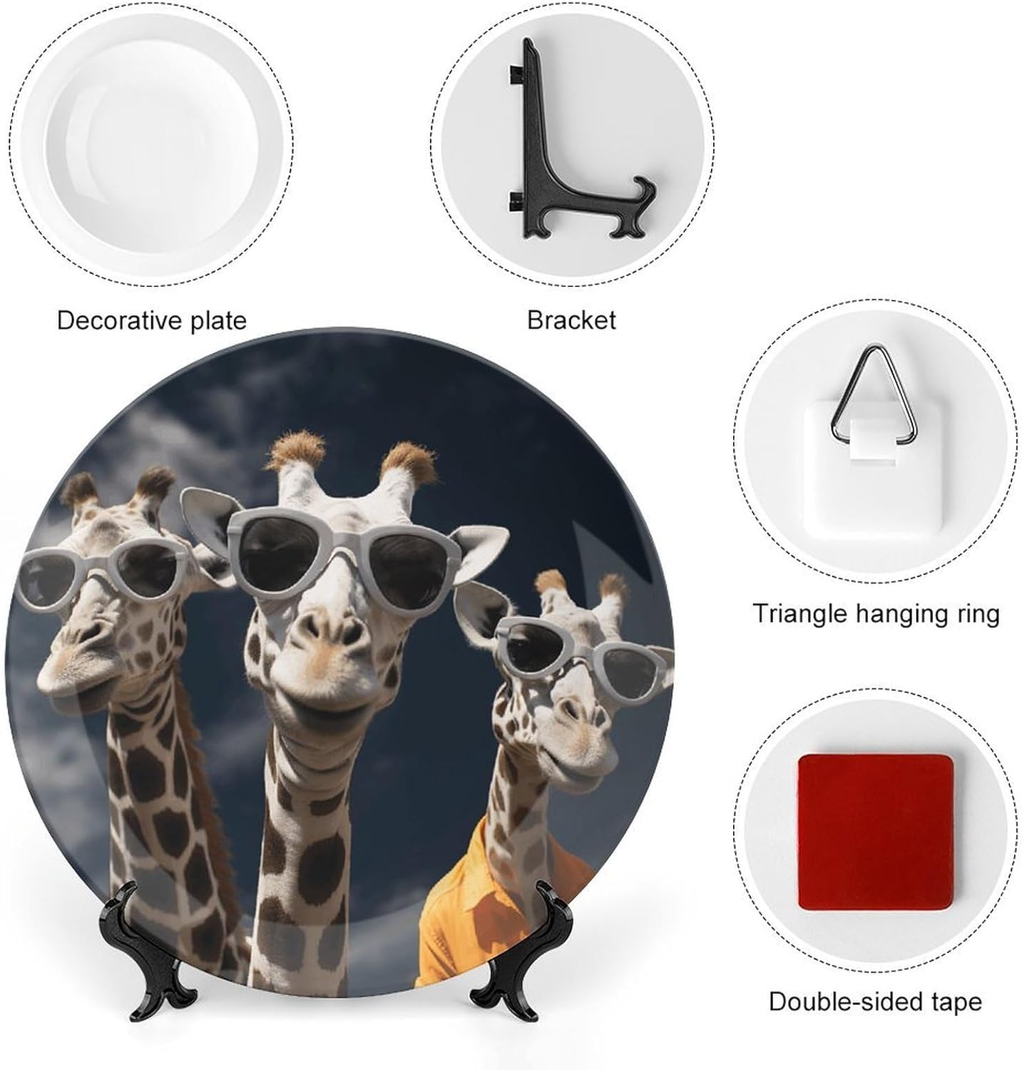 Three Giraffes Wearing Sunglasses Ceramic Decorative Plate for Office Decor, Chinese Style Decorative Dish with Stand, Dinner Dish Decorative Plates for Wall Hanging Bone Collections Plates 10inch