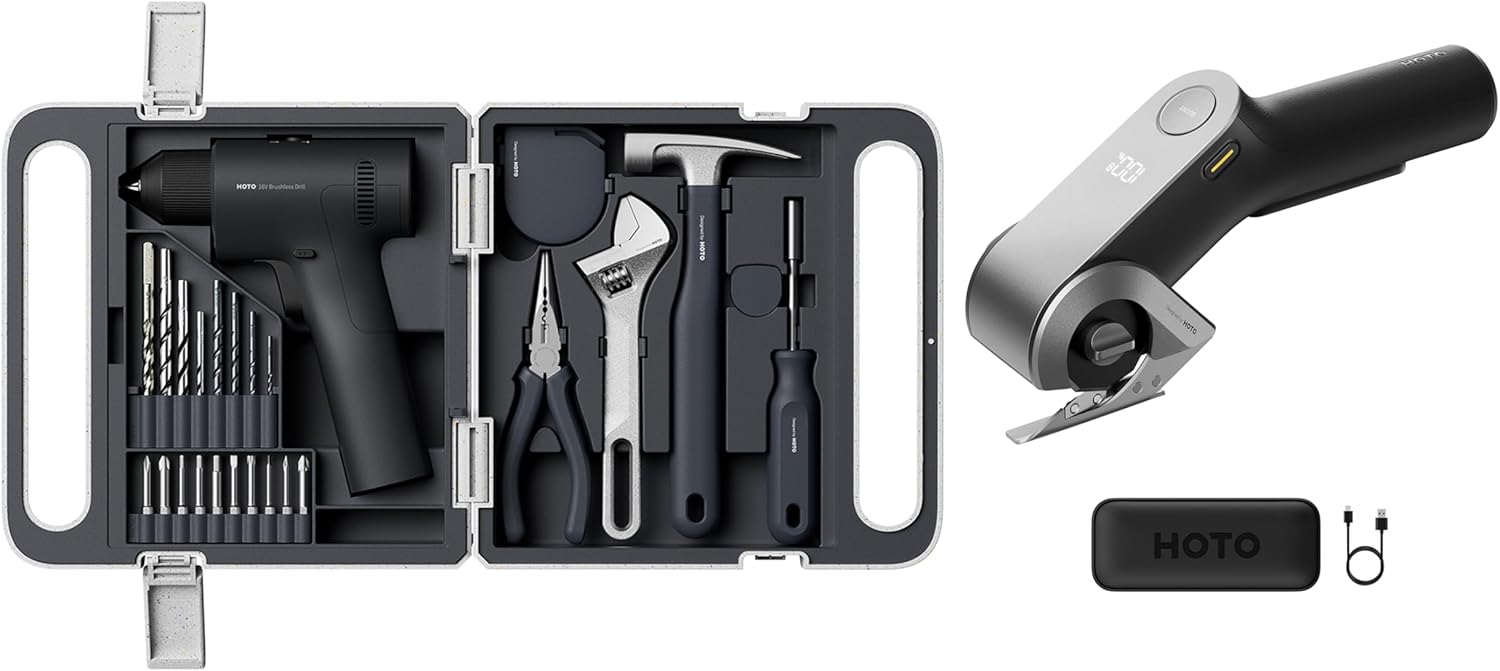 HOTO 25PCS Household Tool Kit with 16V Brushless Drill + EdgeFlow Cordless Electric Scissors