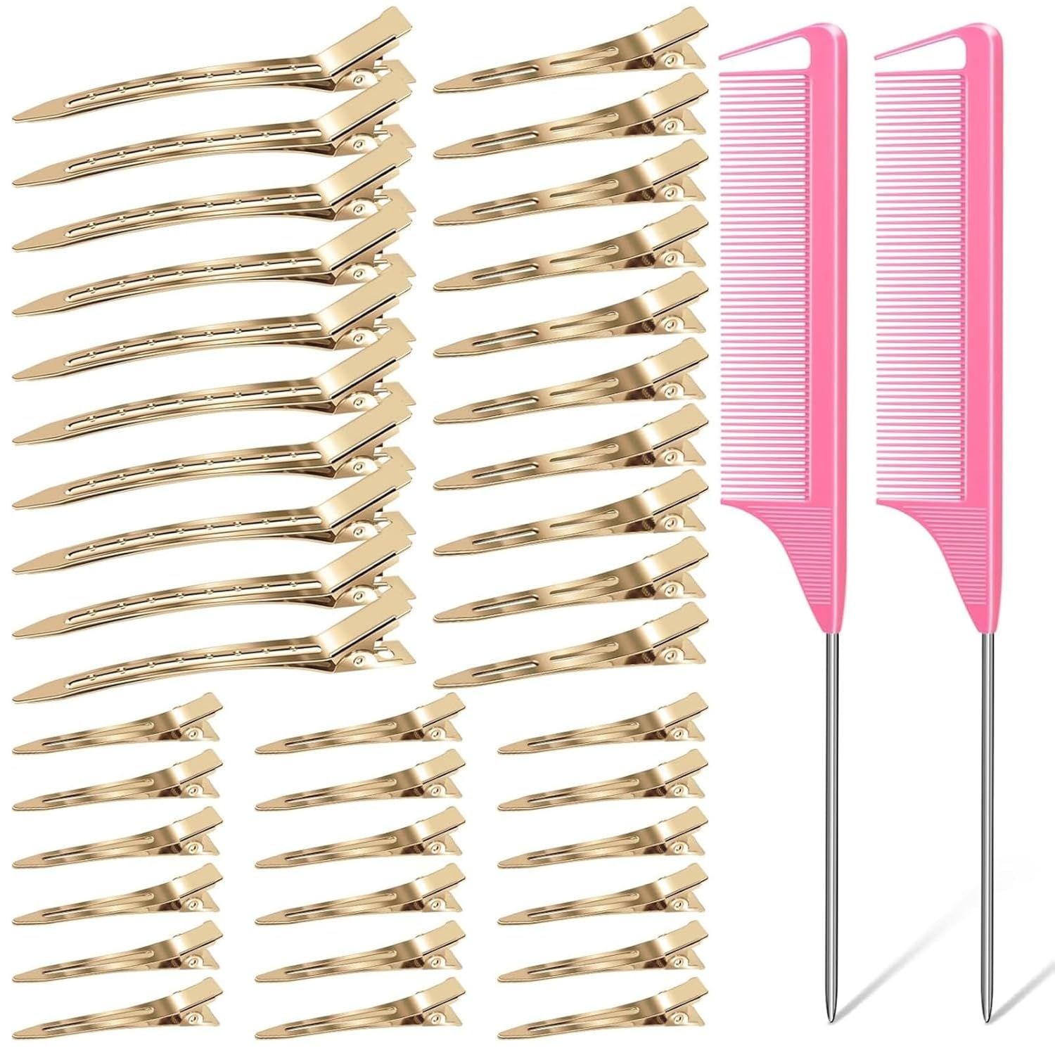 3 Sizes Metal Hair Styling Clips 70PCS, No Crease Alligator Clips for Hair Rollers with 2pcs Parting Comb for Braids, Coloring and Styling (Gold)