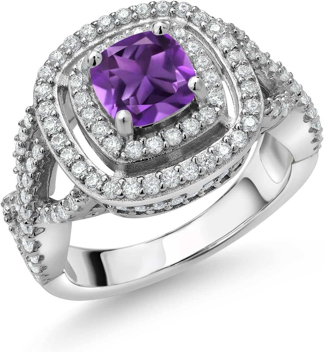 Gem Stone King Double Halo Engagement Ring For Women | Wedding Anniversary Promise Ring | 925 Sterling Silver | 6MM Cushion Gemstone Birthstone and White Moissanite | Available In Size 5, 6, 7, 8, 9