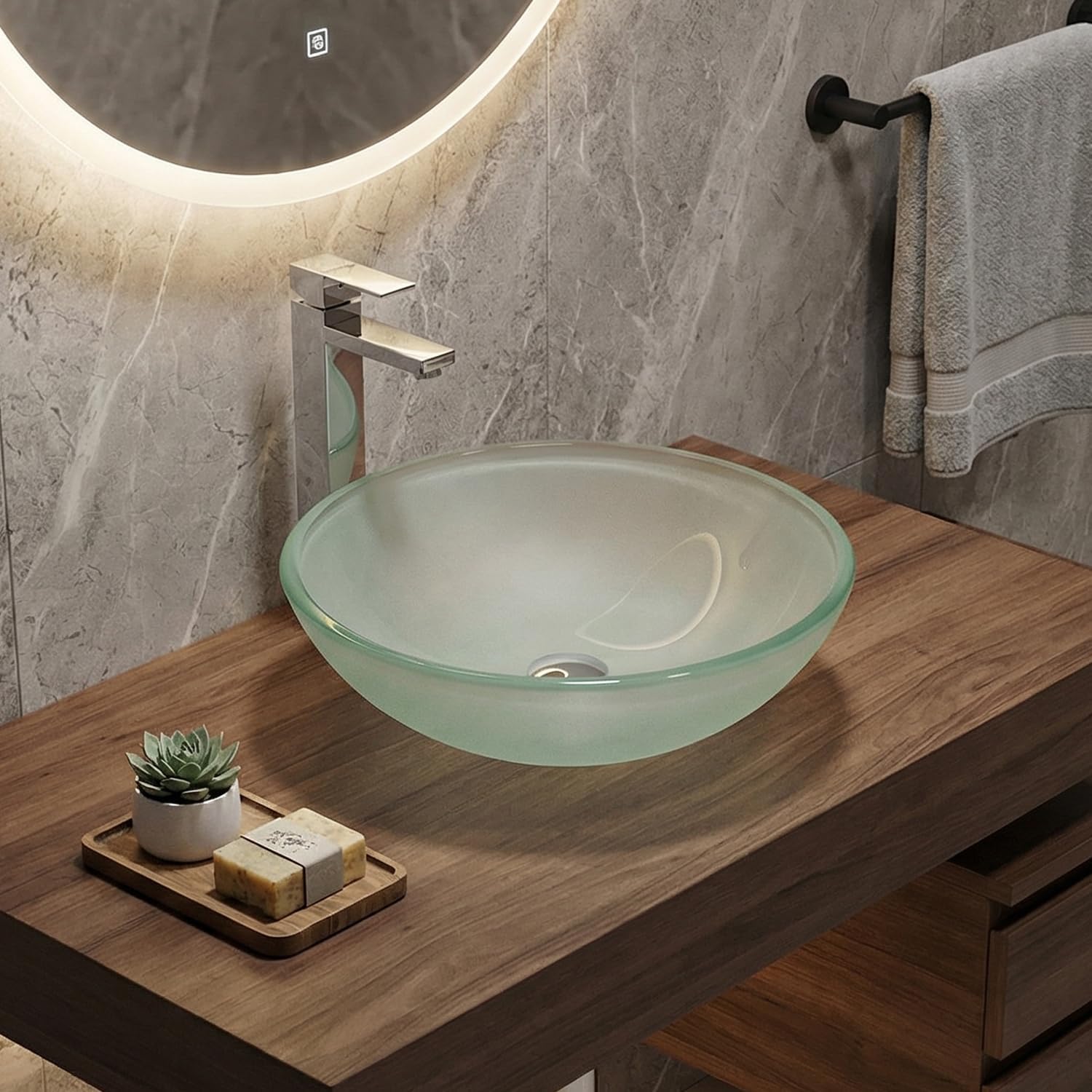 Bathroom Vessel Sink, Tempered Glass Vanity Round Bowl with Chrome Faucet and Pop up drain Set, Frosted