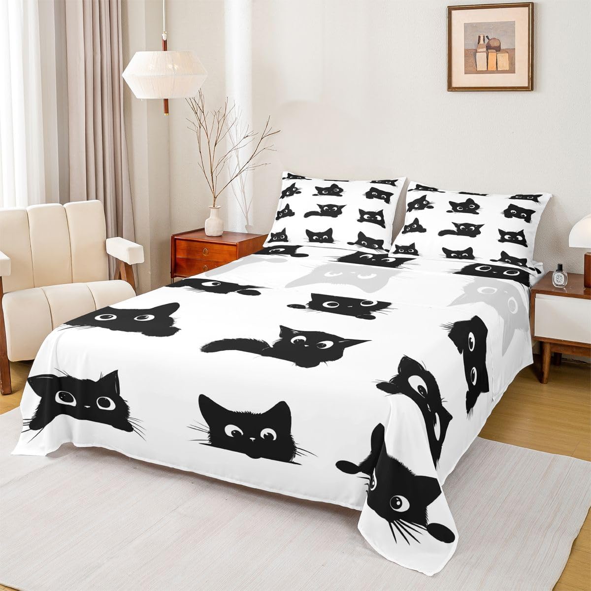 Erosebridal Cute Cat Queen Sheets for Kids Boys Girls (Black and White) - Funny Black Cats Bed Sets Cartoon Kitten Animal Sheets Cute Cat Flat Fitted Sheet