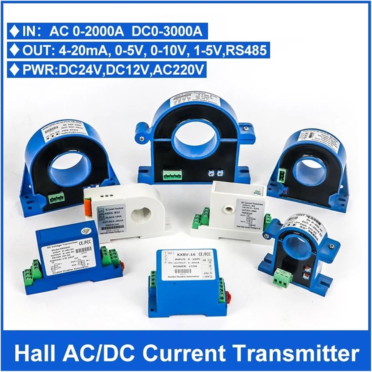 Split Hall Effect AC/DC Current Transmitter Open Loop Current Transducer Sensor 4-20mA Output 0-100A 0-200A 0-500A 0-1000A(4-20ma,0-300A DC-38MM-DC24V)
