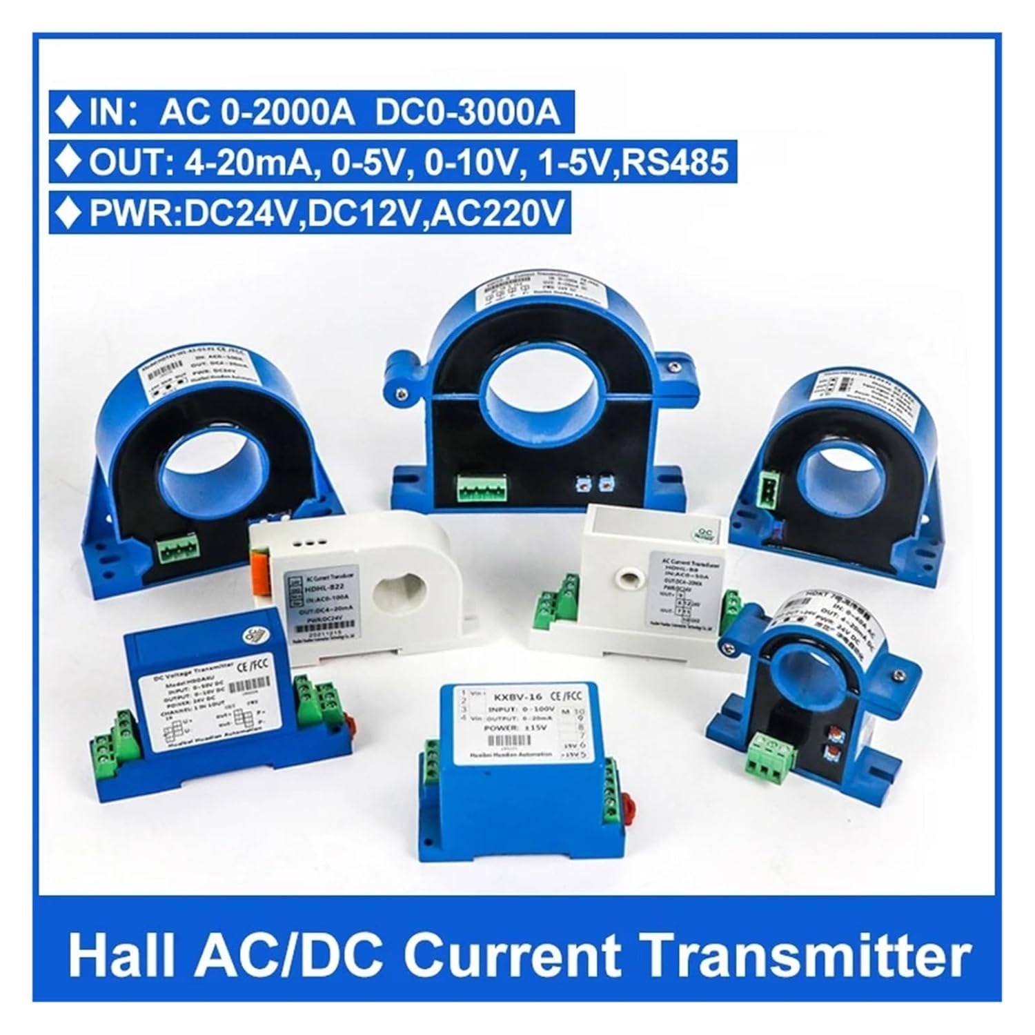 Split Hall Effect AC/DC Current Transmitter Open Loop Current Transducer Sensor 4-20mA Output 0-100A 0-200A 0-500A 0-1000A(0-10v,0-200A AC-20MM-DC12V)