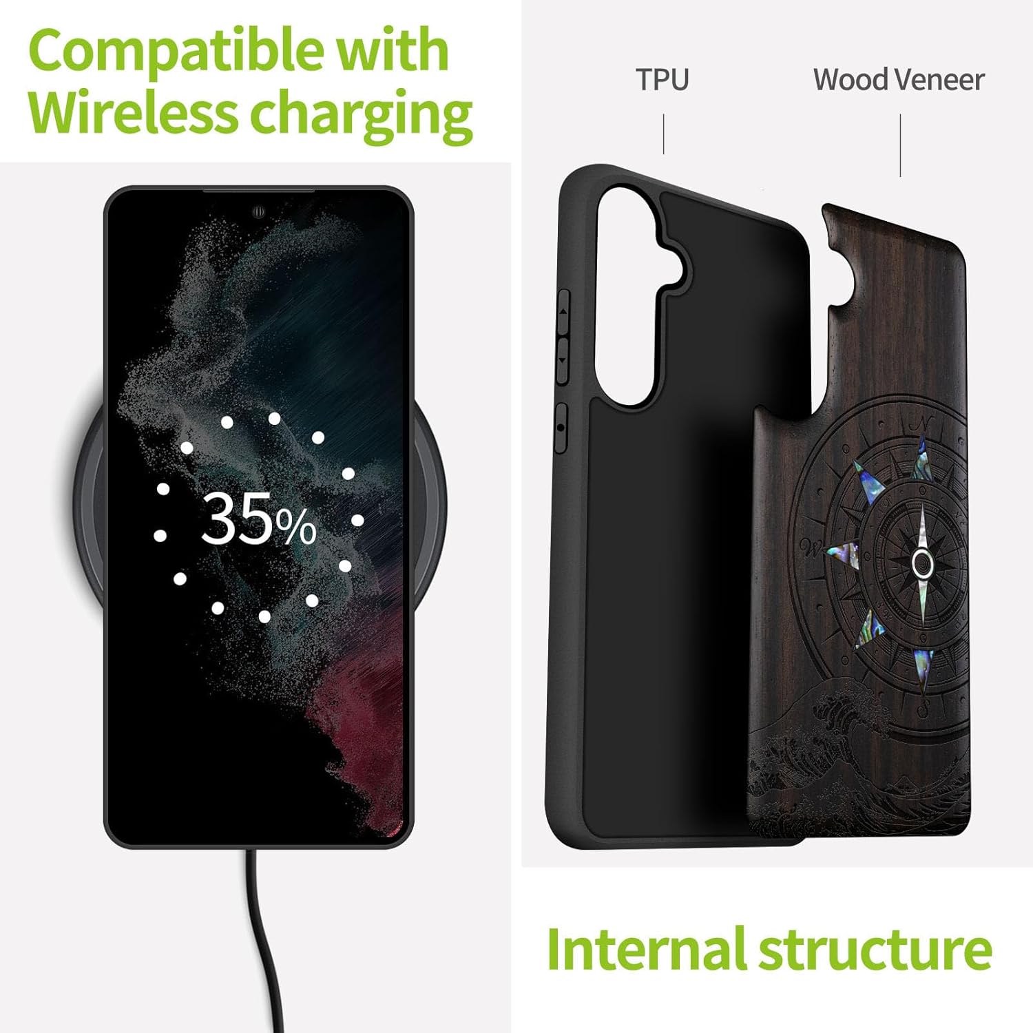Carveit Designer Wooden Case for Samsung Galaxy S24 FE Case [Wood Engraving & Shell Inlay] Compatible with Wireless Chargers S24 FE Cover (Wave Compass-Blackwood)