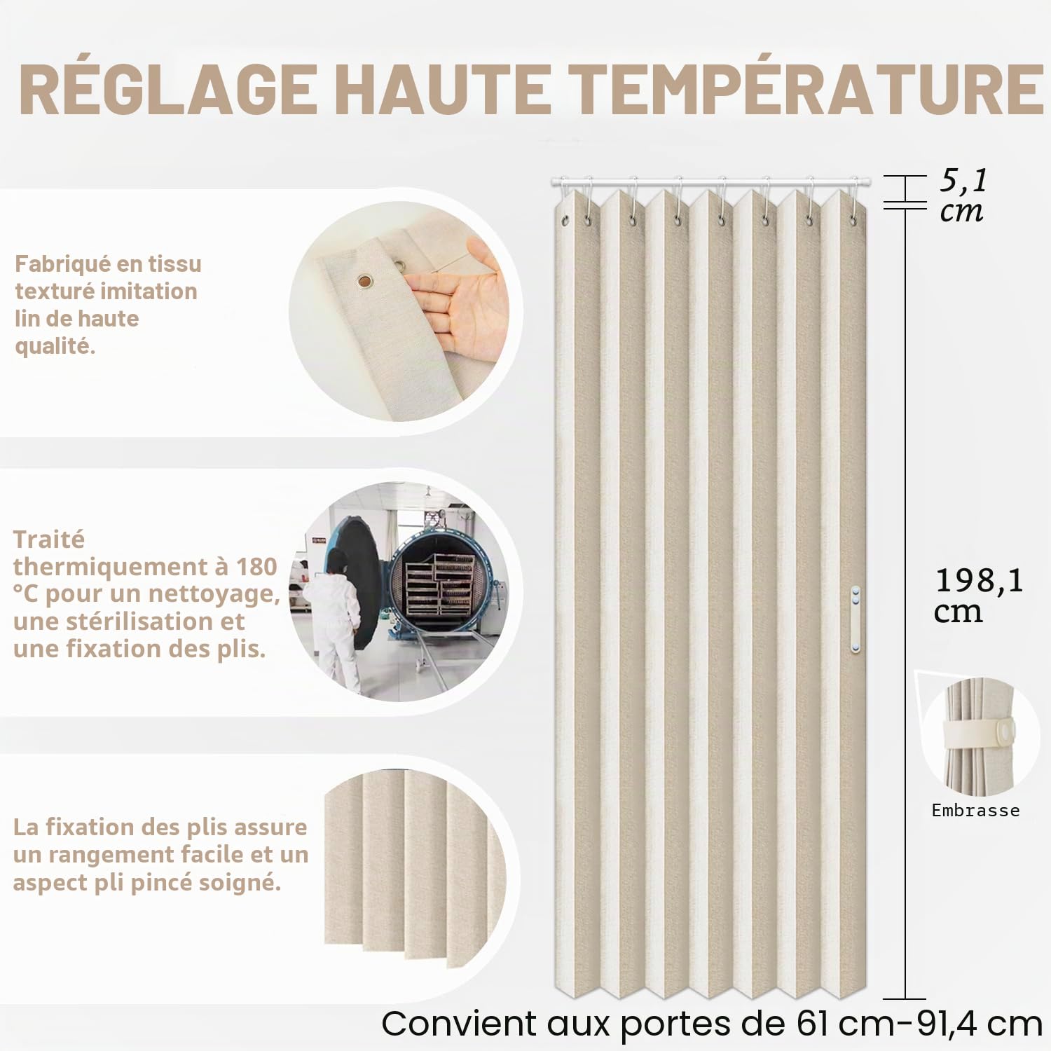Vatge Rideaux de placard, rideaux de porte de style accordéon pour portes, rideaux plissés pour placard et séparateur de pièce, 1 rideau, 99 x 198 cm, beige